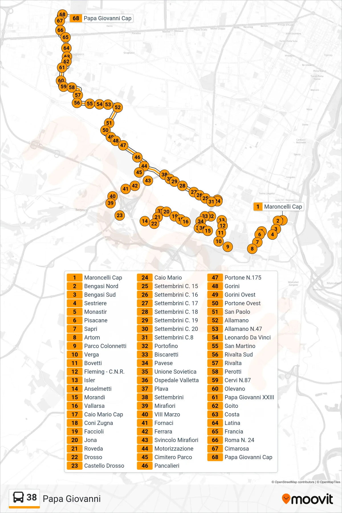 Linea 38  bus (Papa Giovanni) - Percorsi e fermate sulla mappa