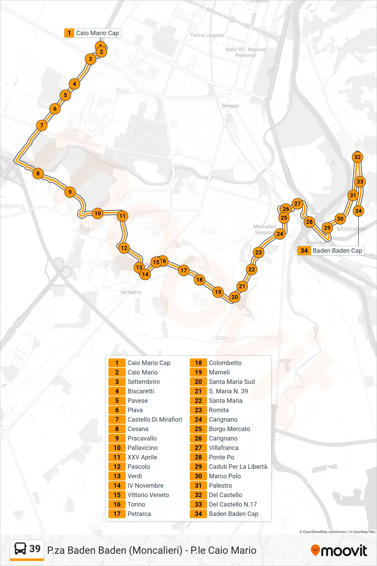 Linea 39 bus (Moncalieri Piazza Baden Baden) - Percorsi e fermate sulla mappa