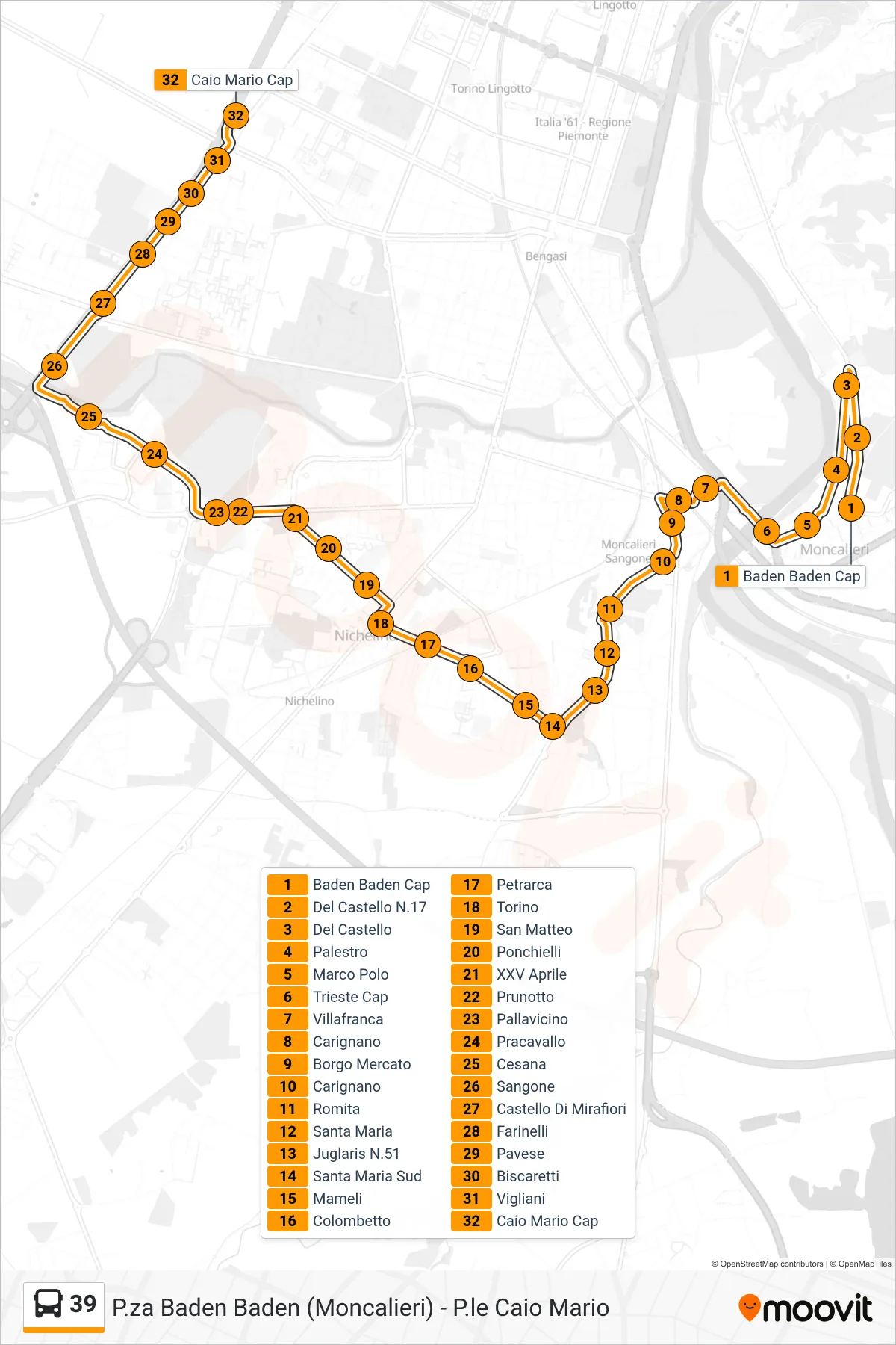 39 bus Line (Mirafiori South Caio Mario Square) route and stops on a map