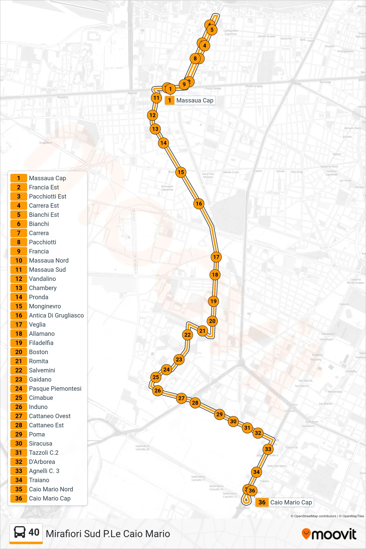 Linea 40  bus (Mirafiori Sud P.Le Caio Mario) - Percorsi e fermate sulla mappa