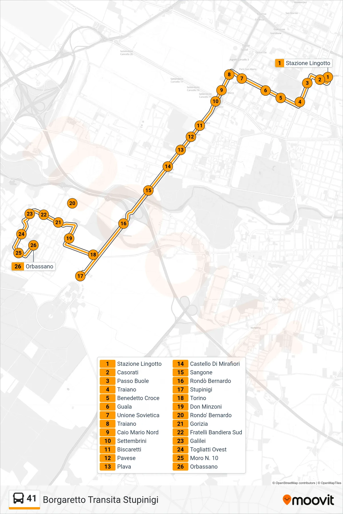 41 bus Line (Borgaretto via Stupinigi) route and stops on a map