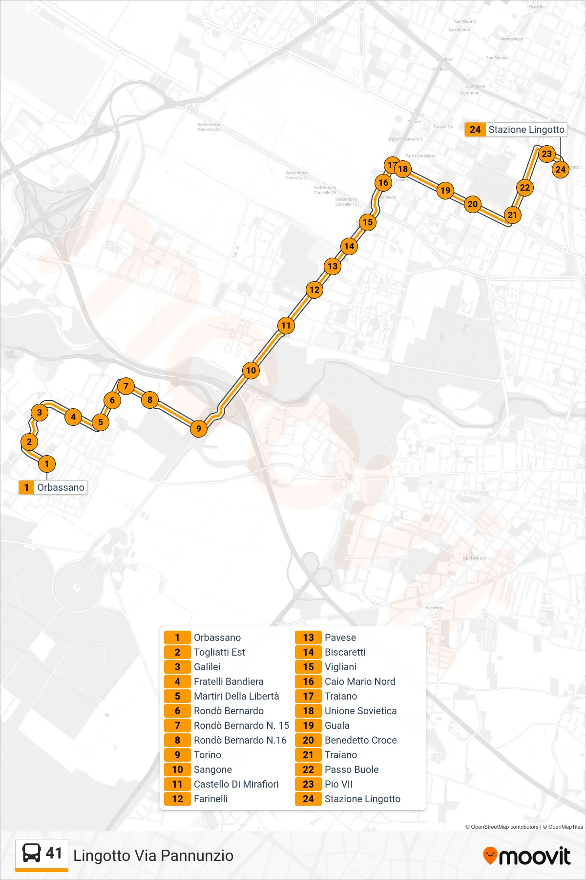 Linea 41  bus (Lingotto Via Pannunzio) - Percorsi e fermate sulla mappa