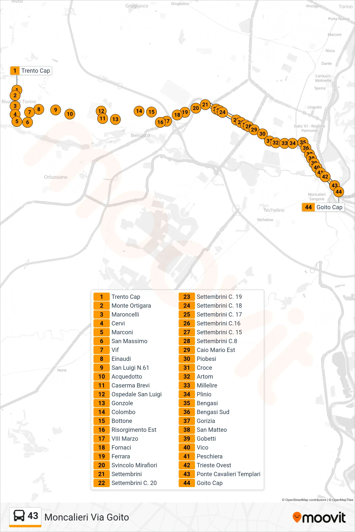 Linea 43 bus (Moncalieri Via Goito) - Percorsi e fermate sulla mappa