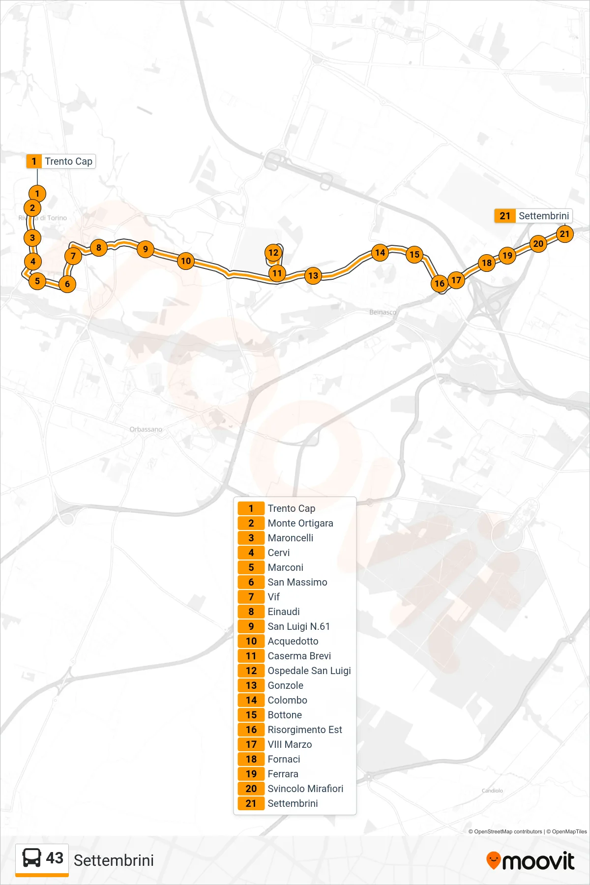 Linea 43 bus (Settembrini) - Percorsi e fermate sulla mappa