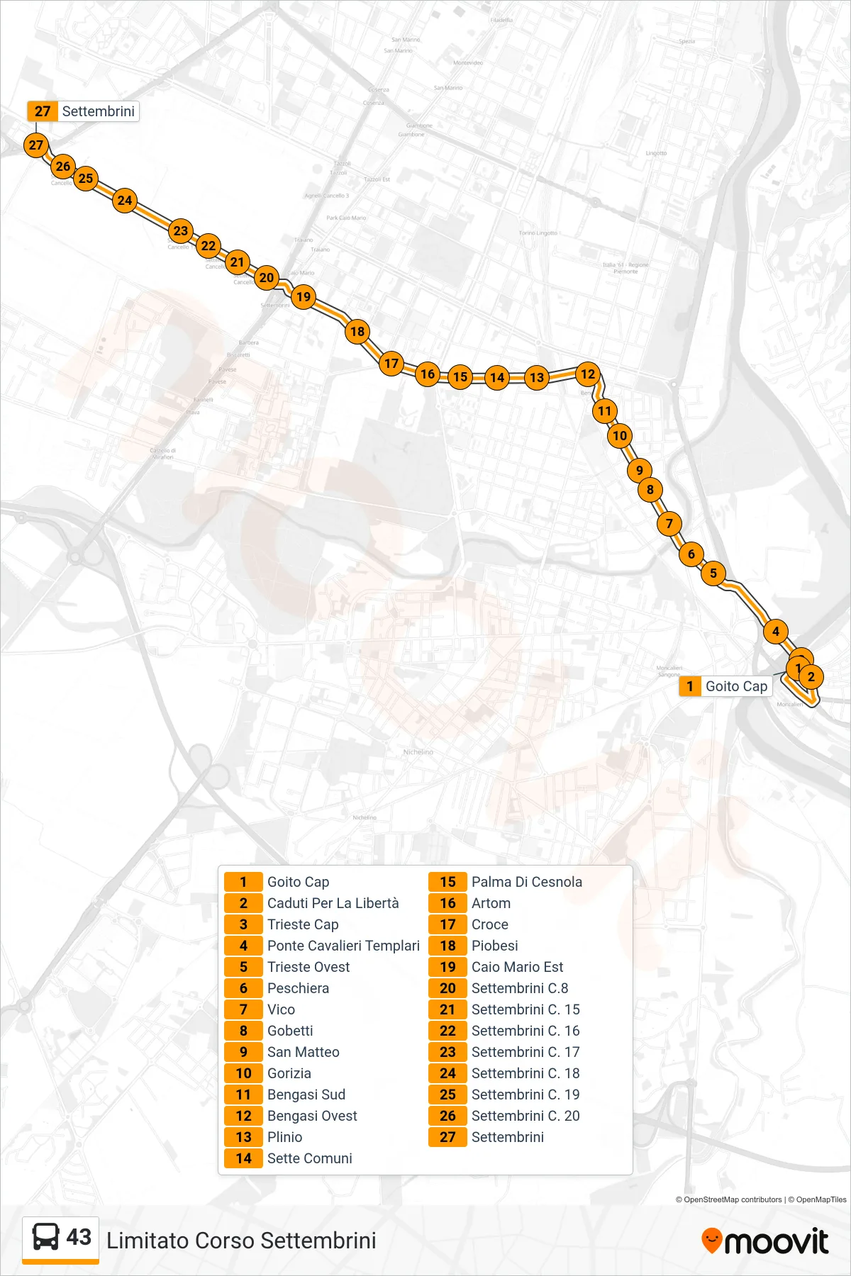 Linea 43 bus (Limitato Corso Settembrini) - Percorsi e fermate sulla mappa