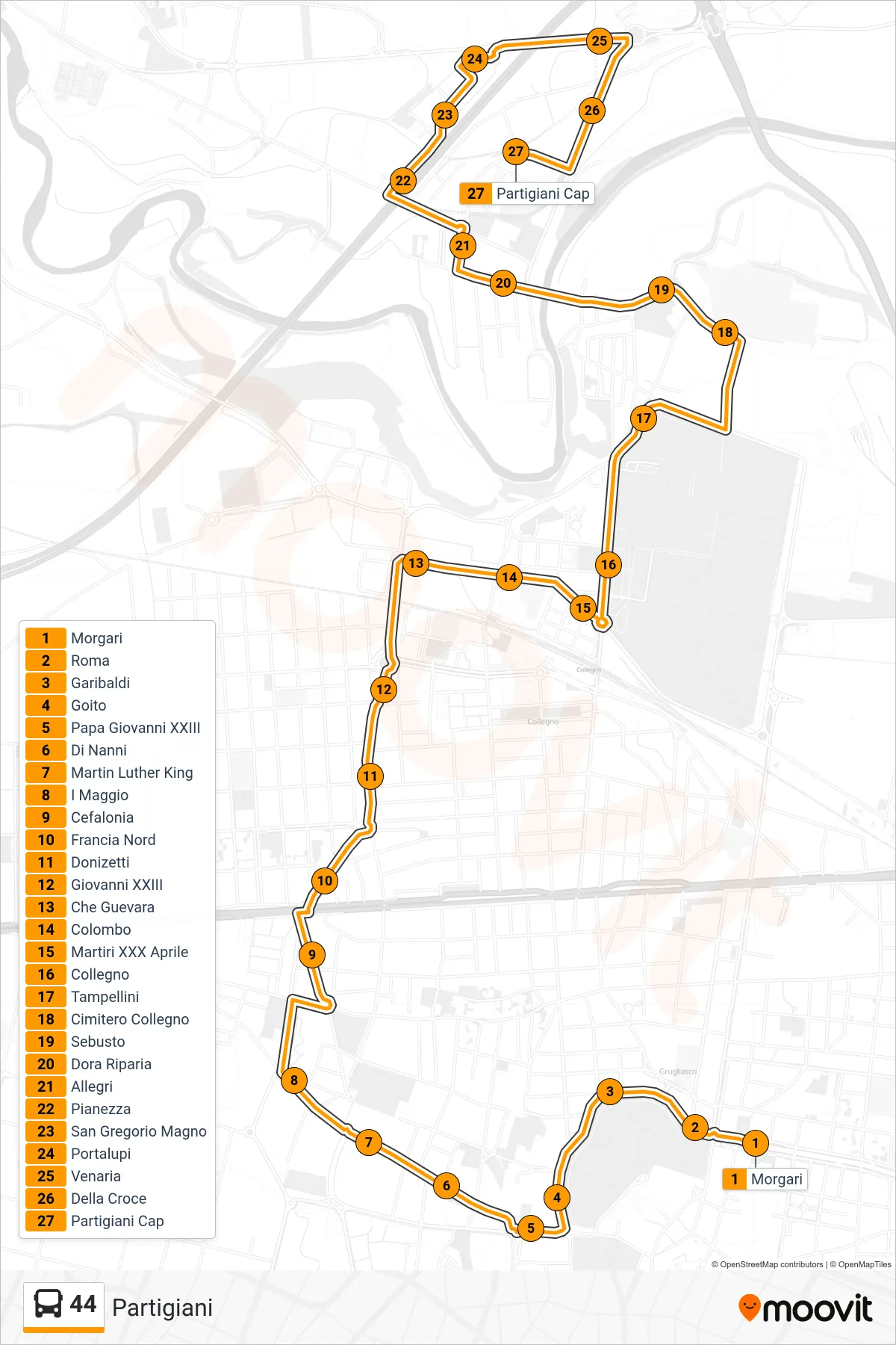 Linea 44 bus (Partigiani) - Percorsi e fermate sulla mappa