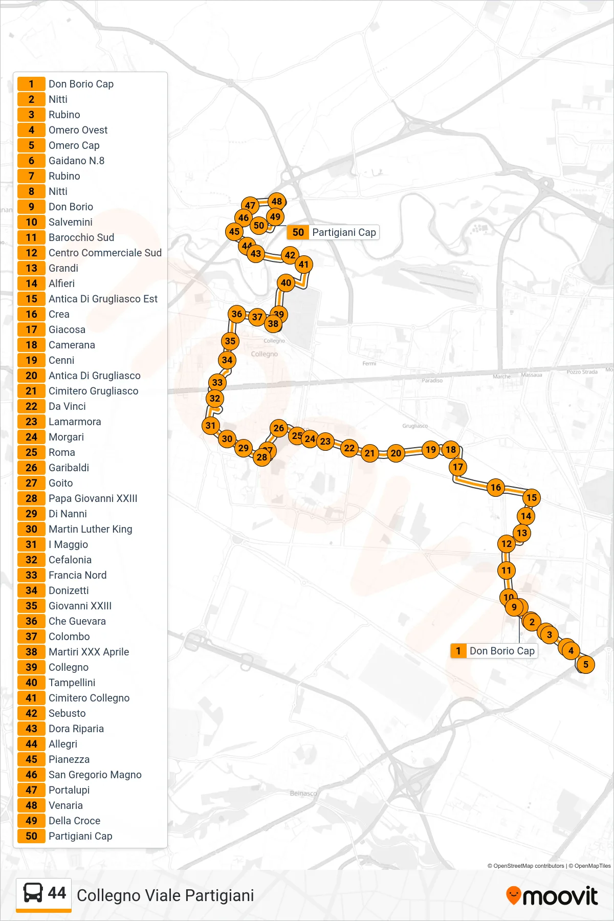 Linea 44 bus (Collegno Viale Partigiani) - Percorsi e fermate sulla mappa