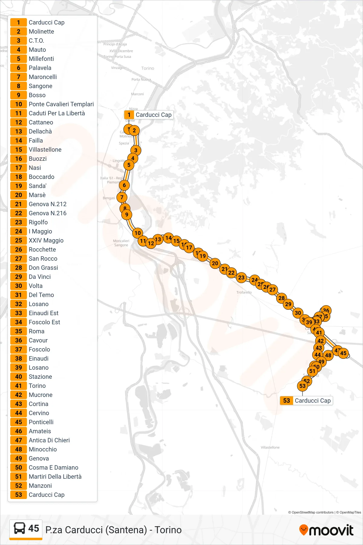 Linea 45  bus (Santena Piazza Carducci) - Percorsi e fermate sulla mappa