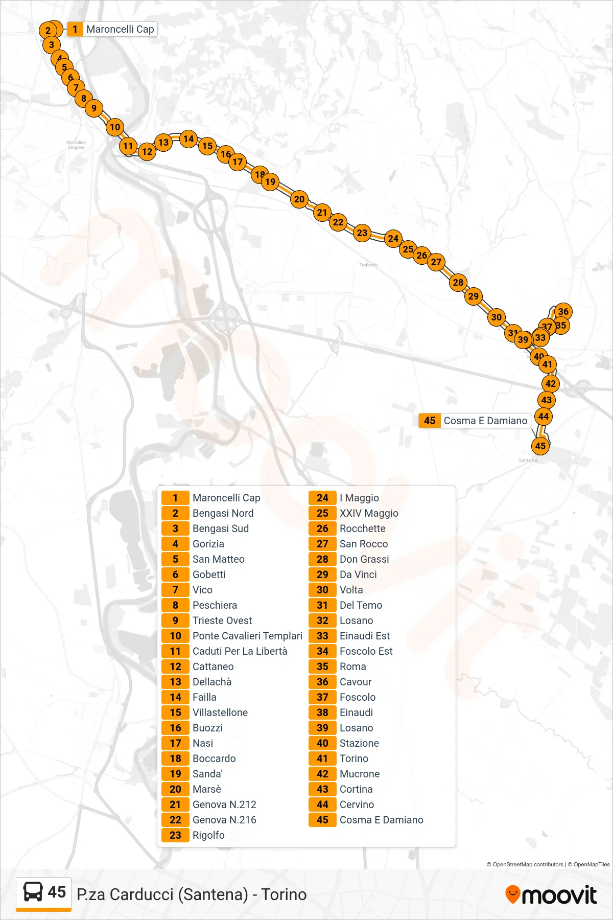 Linea 45 bus (Santena Ss. Cosma E Damiano) - Percorsi e fermate sulla mappa