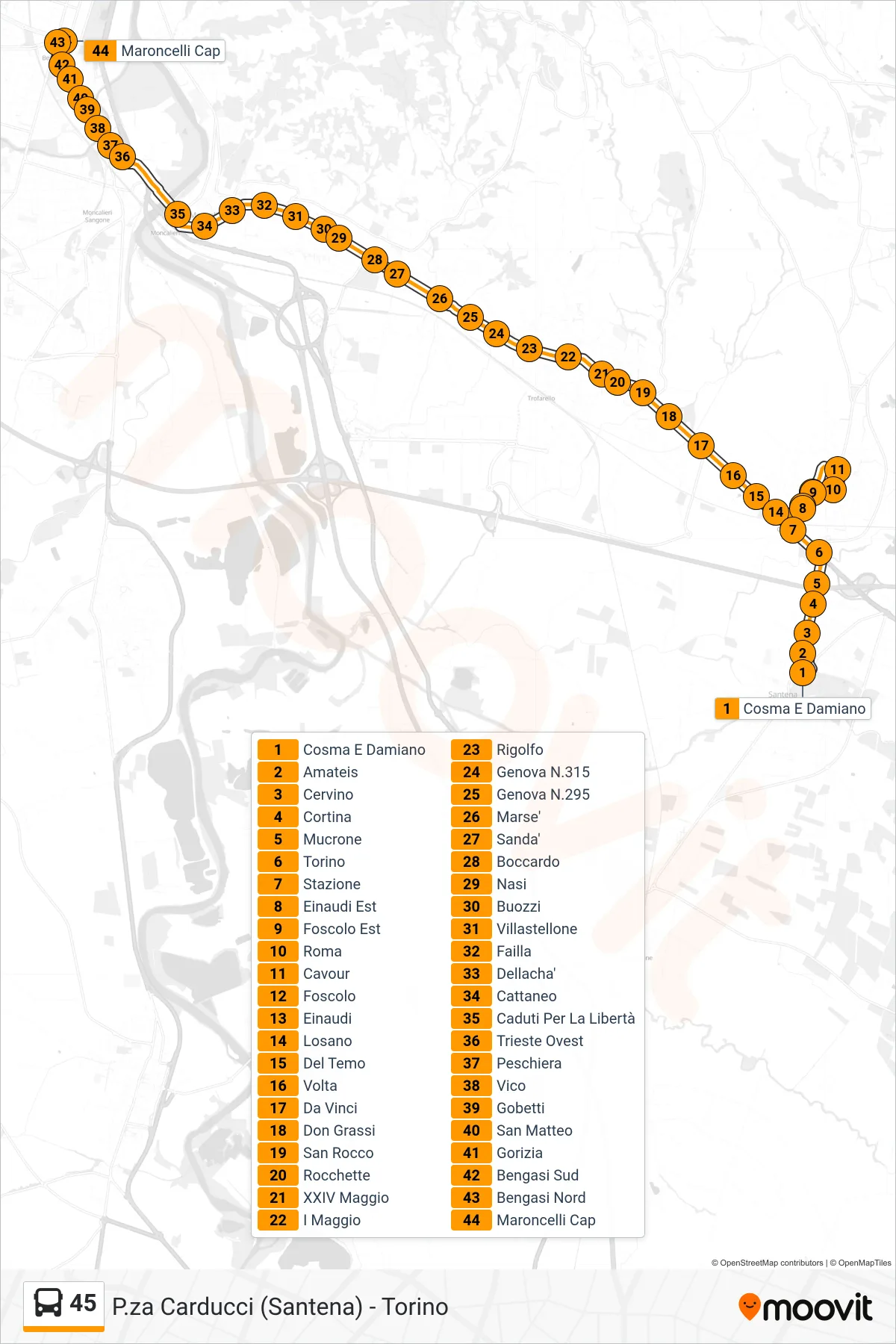 45 bus Line (Millefonti Corso Maroncelli) route and stops on a map