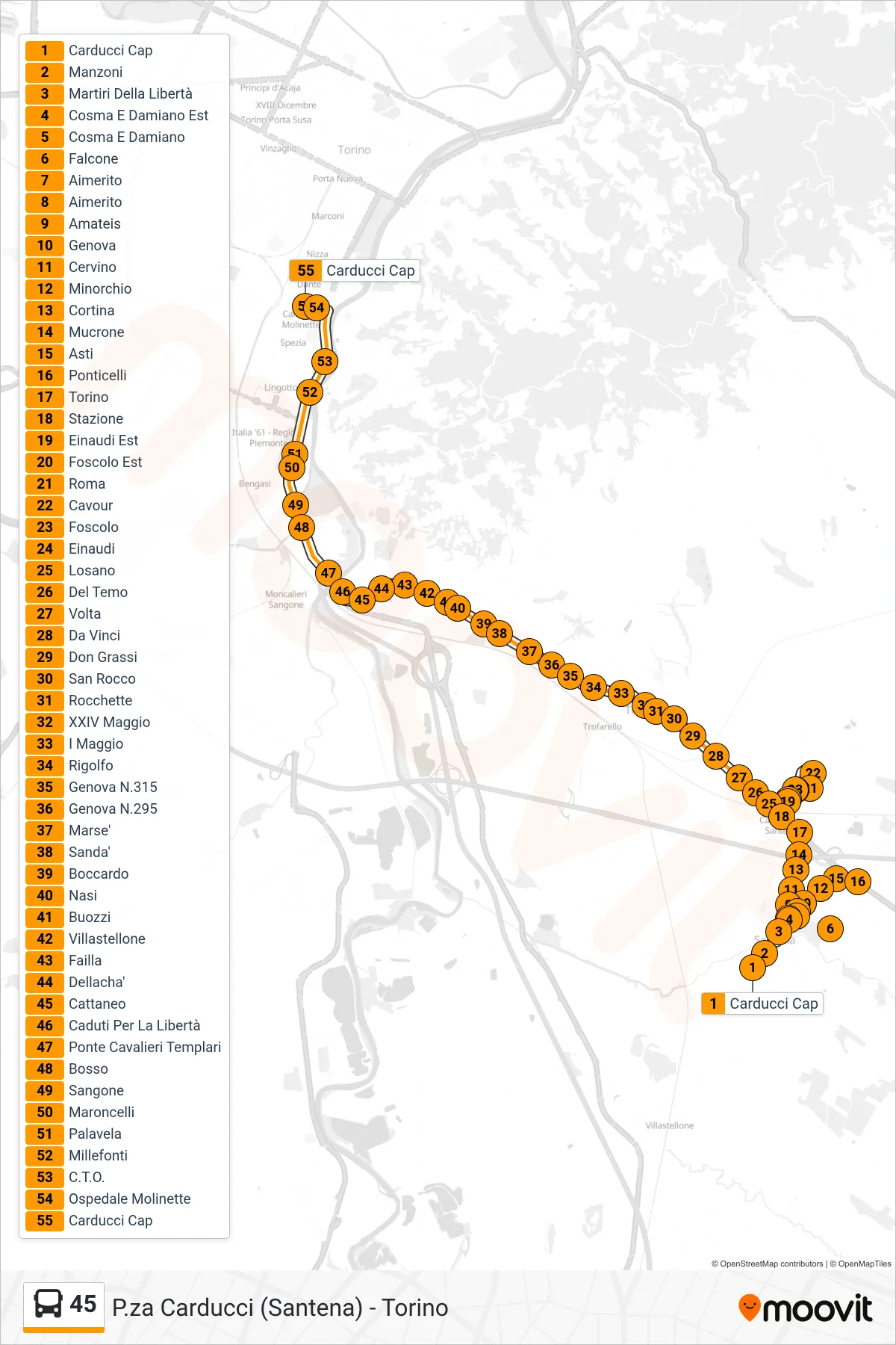 Linea 45 bus (Molinette Corso Bramante) - Percorsi e fermate sulla mappa