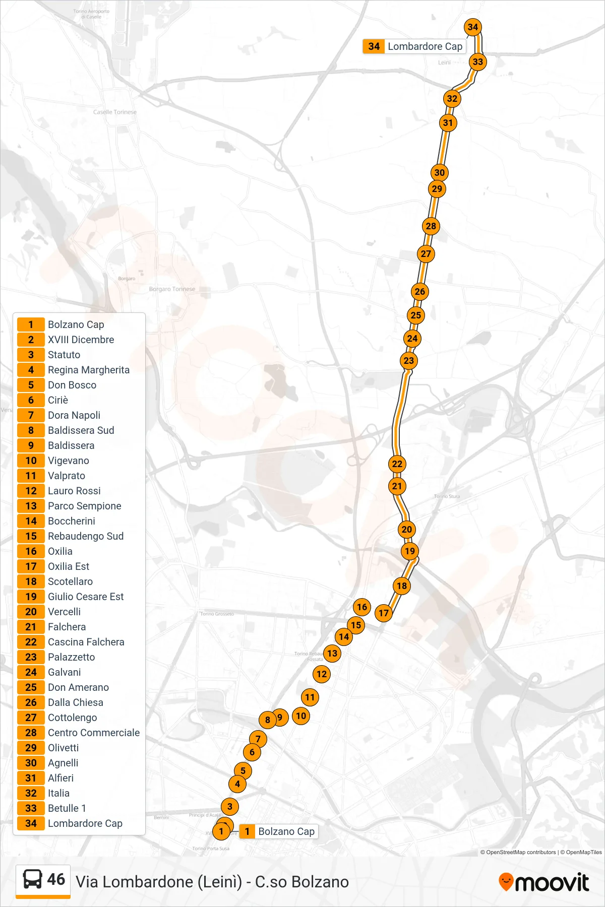 46 bus Line (Leini via Lombardore) route and stops on a map