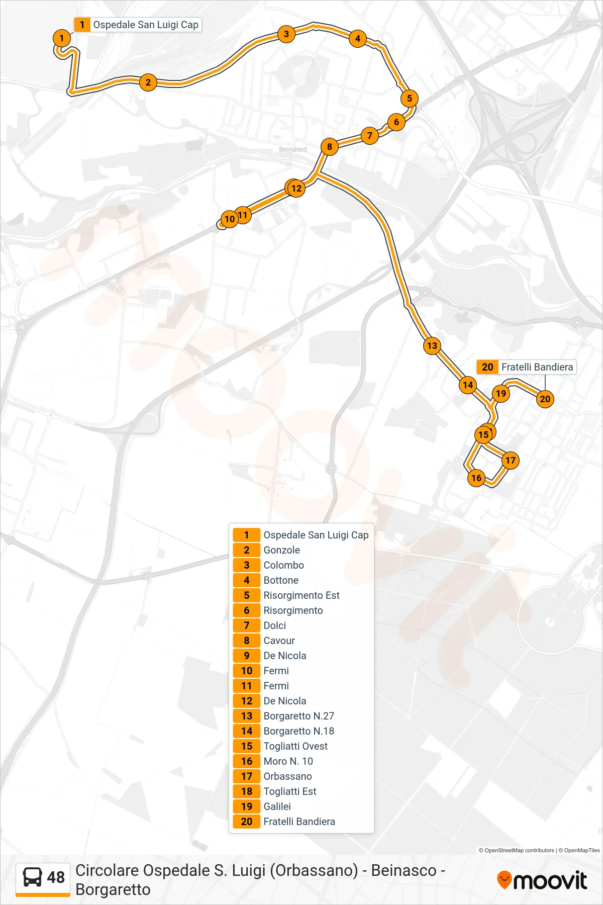Linea 48 bus (Borgaretto V.Le Giovanni XXIII) - Percorsi e fermate sulla mappa