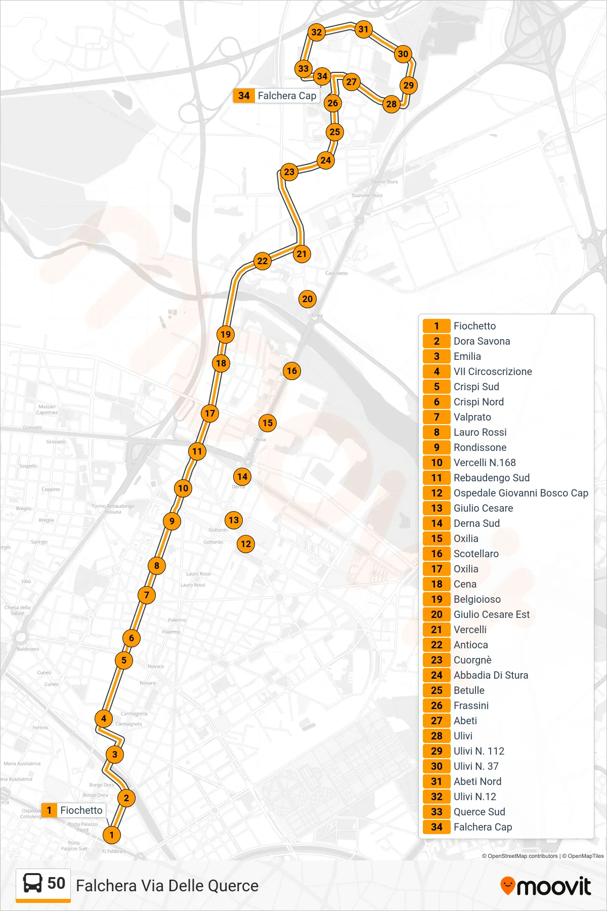 Linea 50  bus (Falchera Via Delle Querce) - Percorsi e fermate sulla mappa