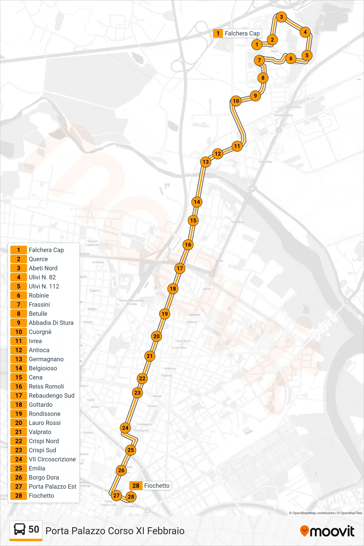 Linea 50 bus (Porta Palazzo Corso XI Febbraio) - Percorsi e fermate sulla mappa