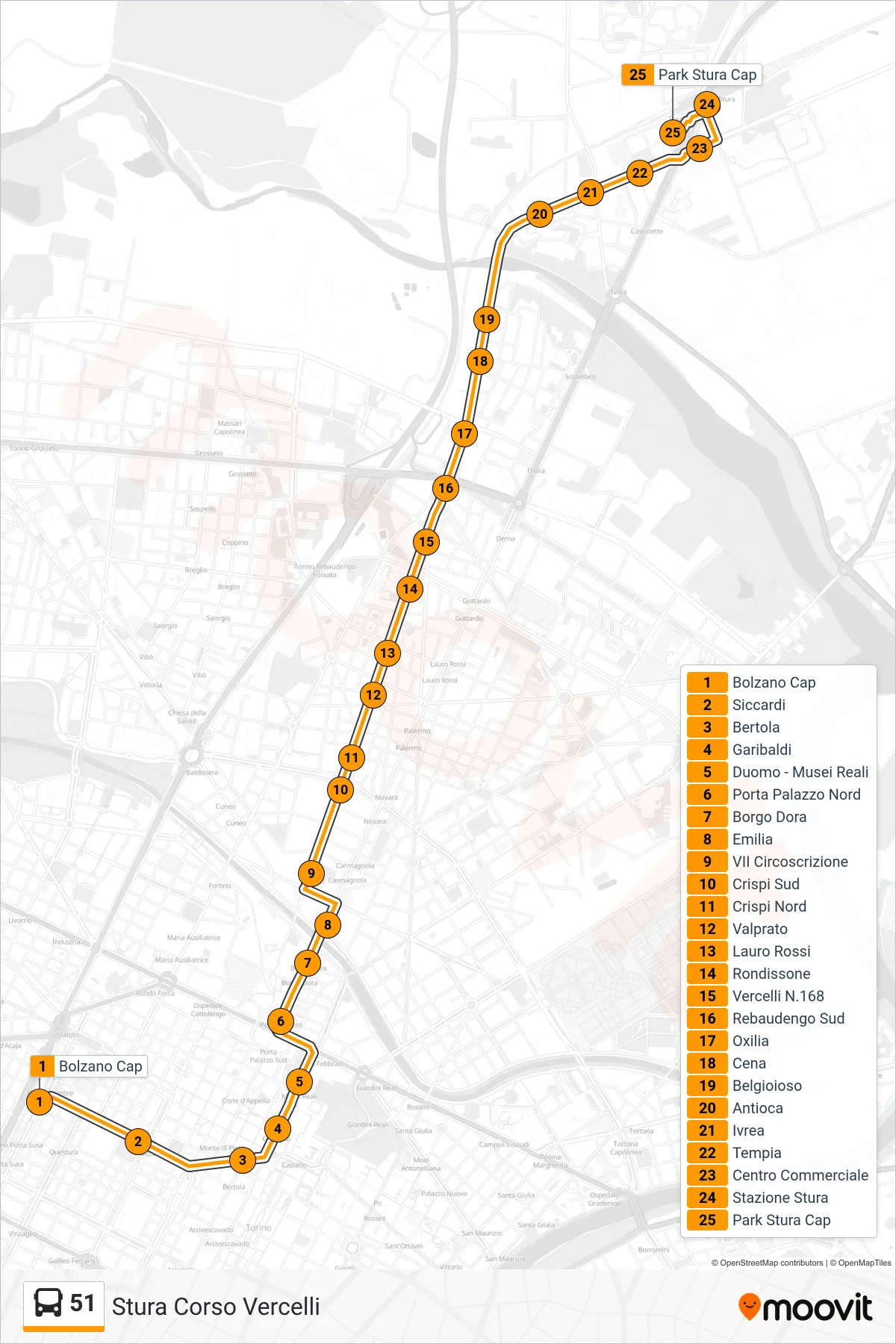 51 bus Line (Stura Corso Vercelli) route and stops on a map