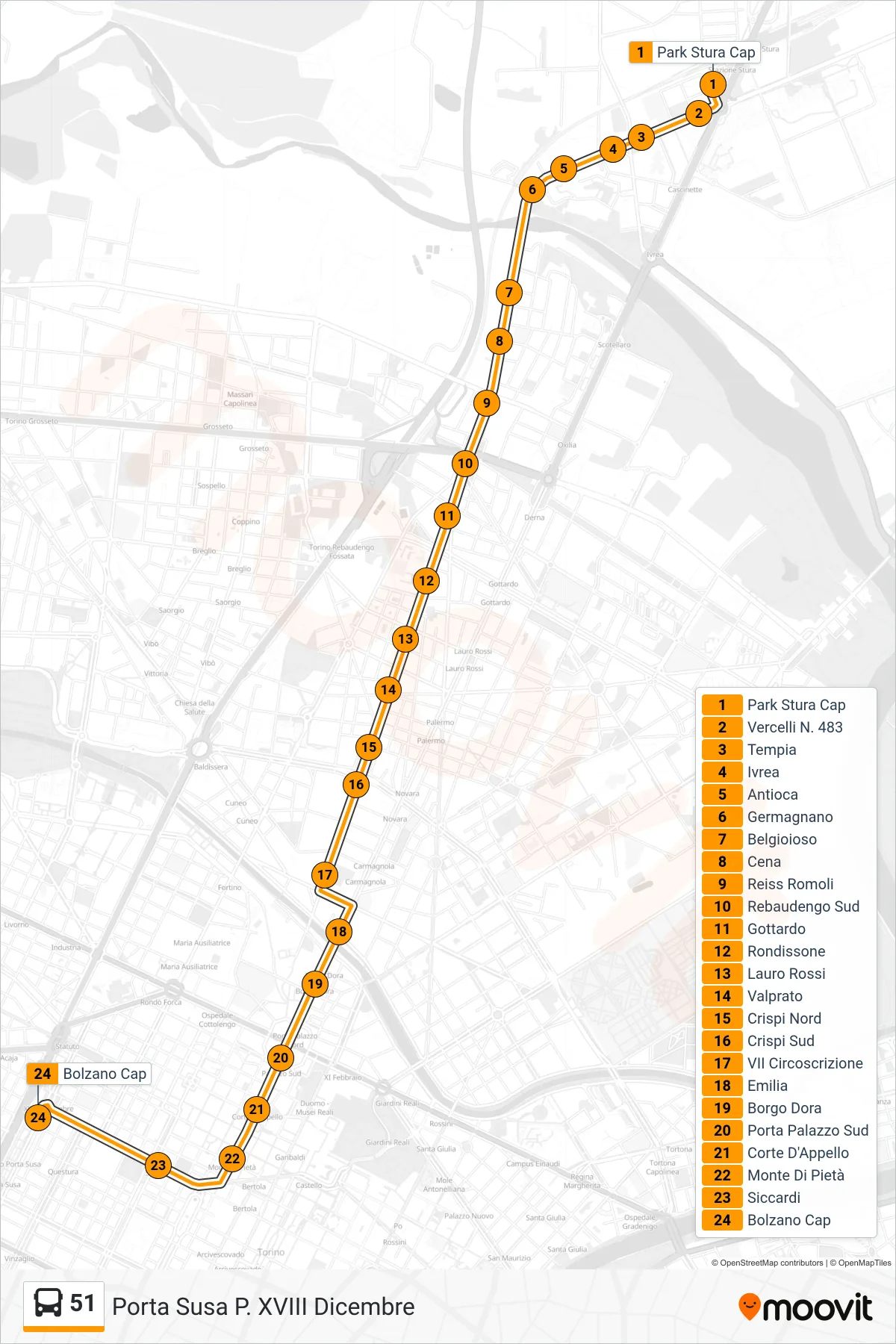Linea 51  bus (Porta Susa P. XVIII Dicembre) - Percorsi e fermate sulla mappa