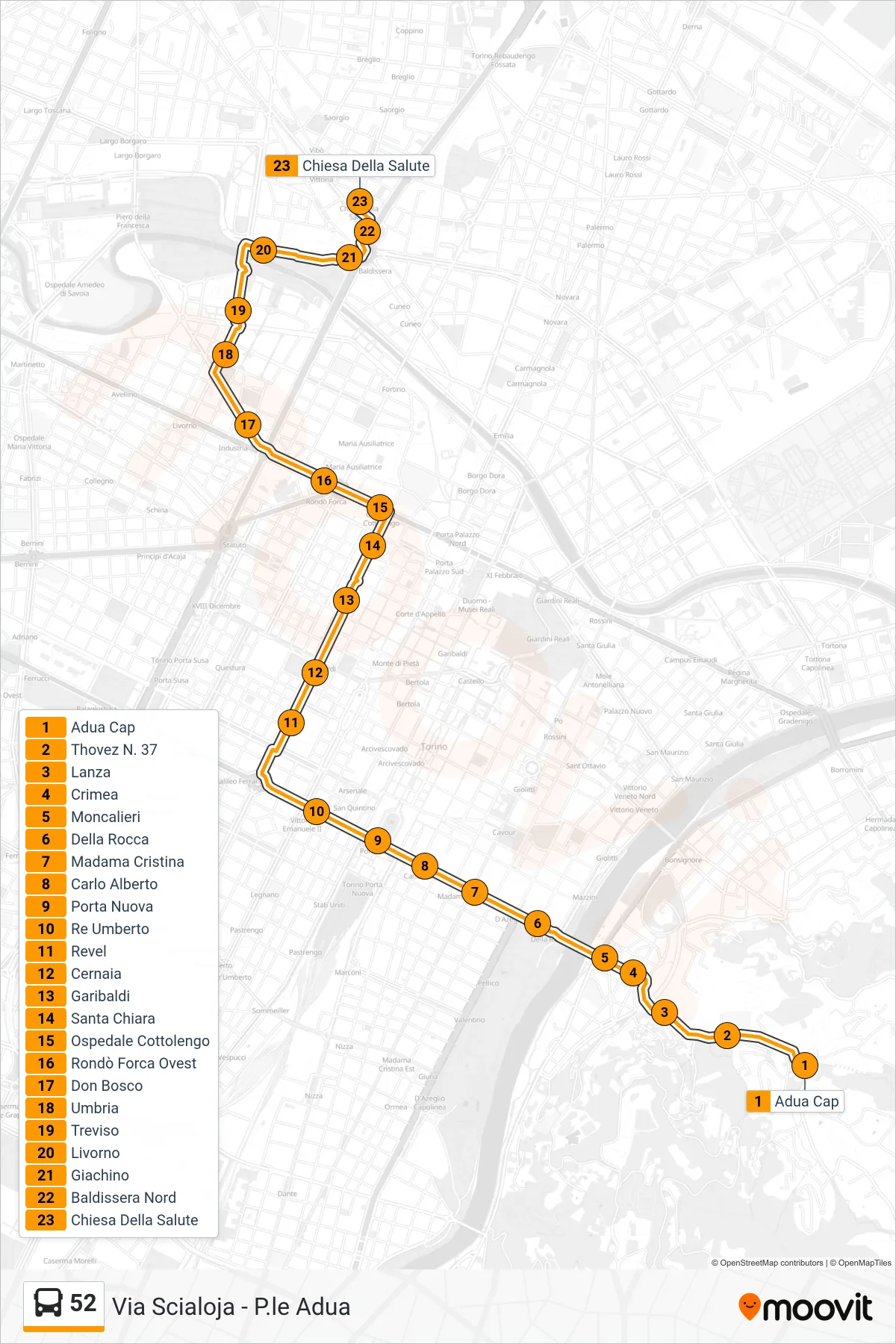 Linea 52  bus (Chiesa Della Salute) - Percorsi e fermate sulla mappa