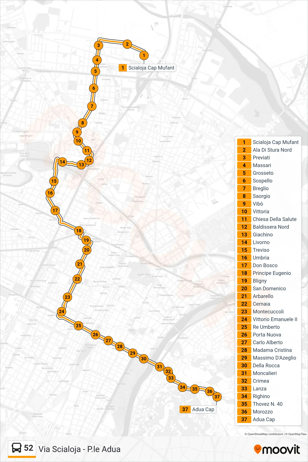 Linea 52 bus (Val Salice Piazzale Adua) - Percorsi e fermate sulla mappa