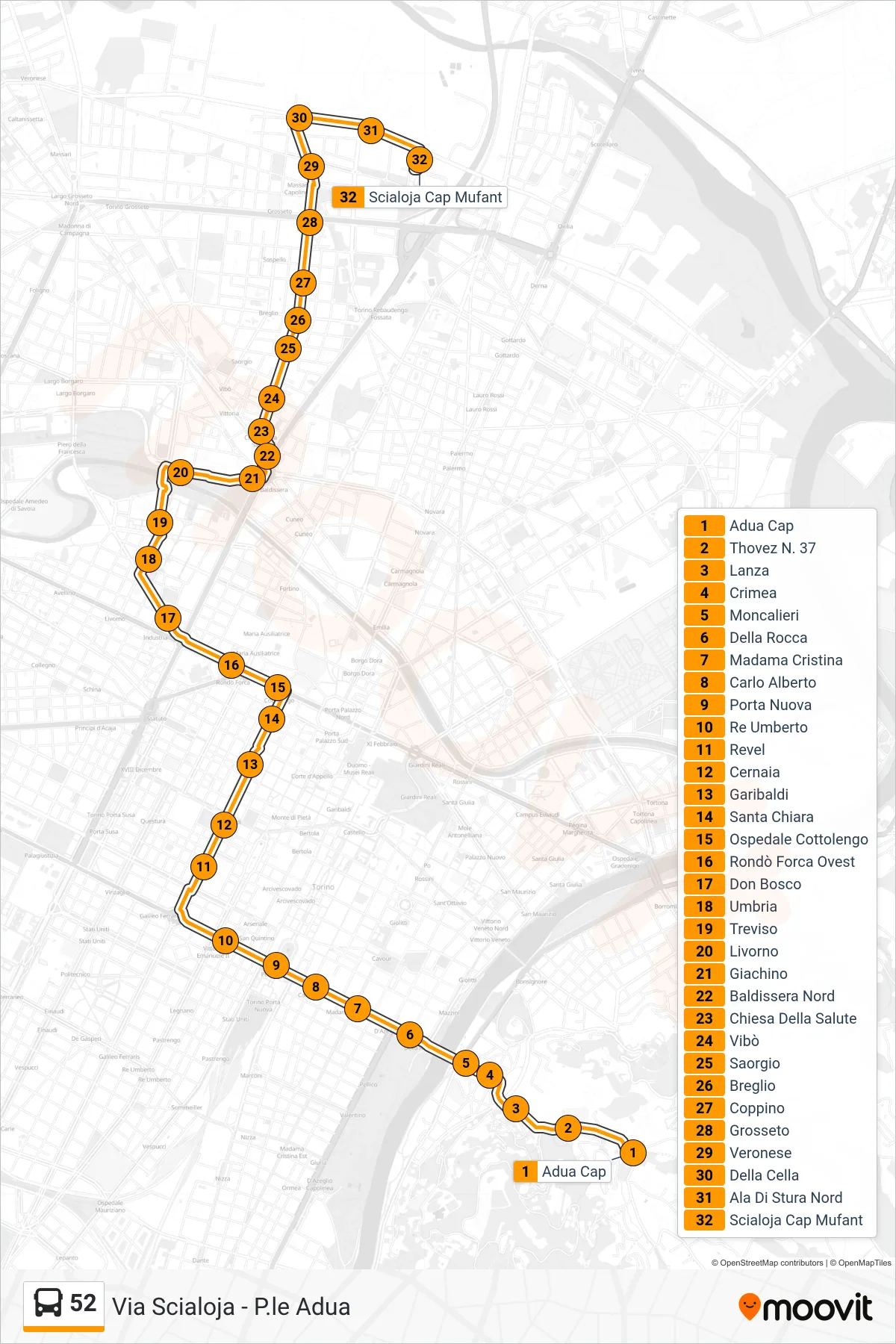 Linea 52 bus (Borgo Vittoria Via Scialoja) - Percorsi e fermate sulla mappa