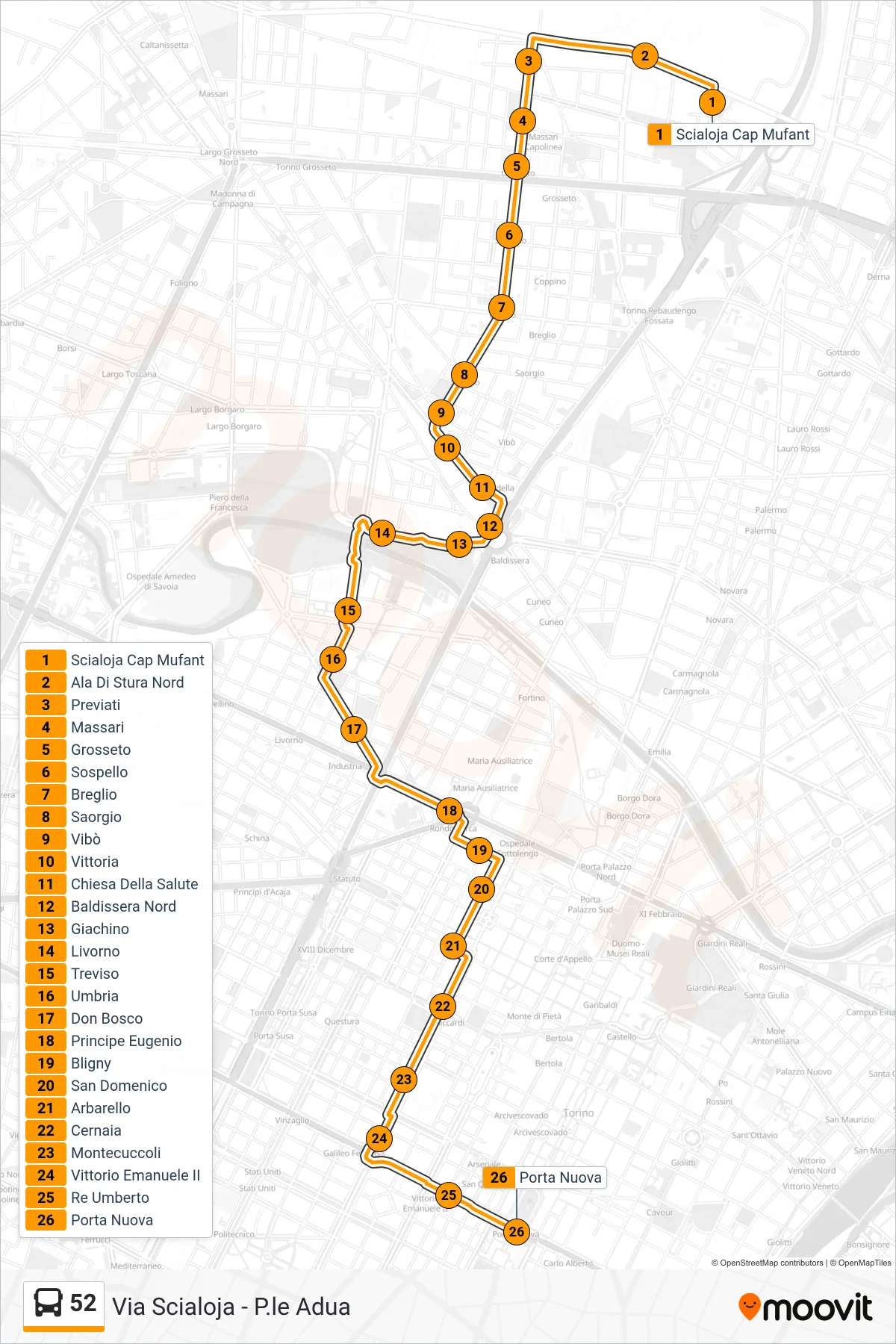 Linea 52 bus (Porta Nuova) - Percorsi e fermate sulla mappa