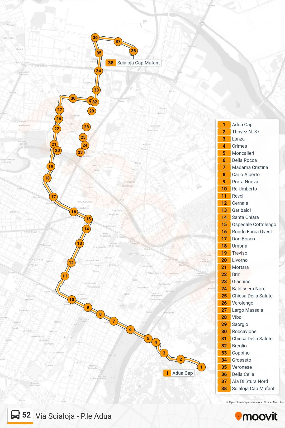 52 bus Line (Scialoja Mufant) route and stops on a map