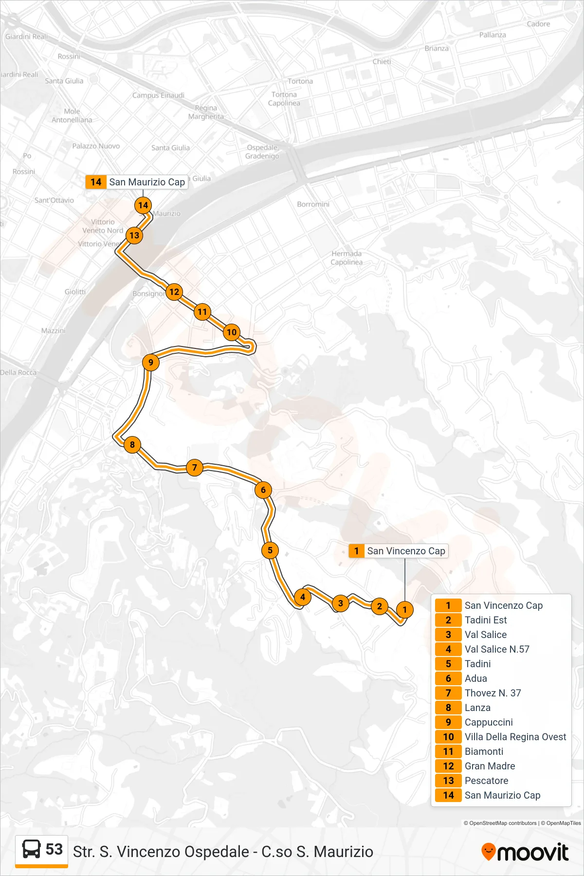 Linea 53 bus (Vanchiglia Corso San Maurizio) - Percorsi e fermate sulla mappa