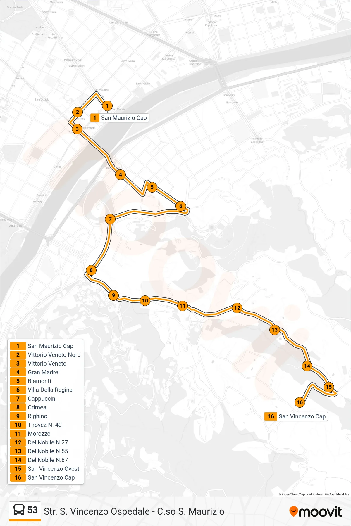 Linea 53 bus (Val Salice Ospedale San Vincenzo) - Percorsi e fermate sulla mappa