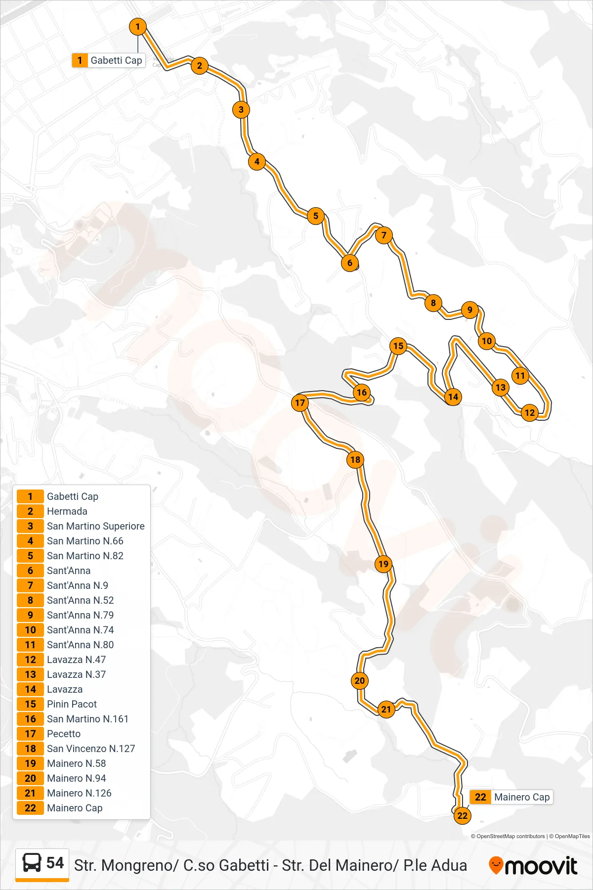 Linea 54  bus (Val Salice Strada Del Mainero) - Percorsi e fermate sulla mappa