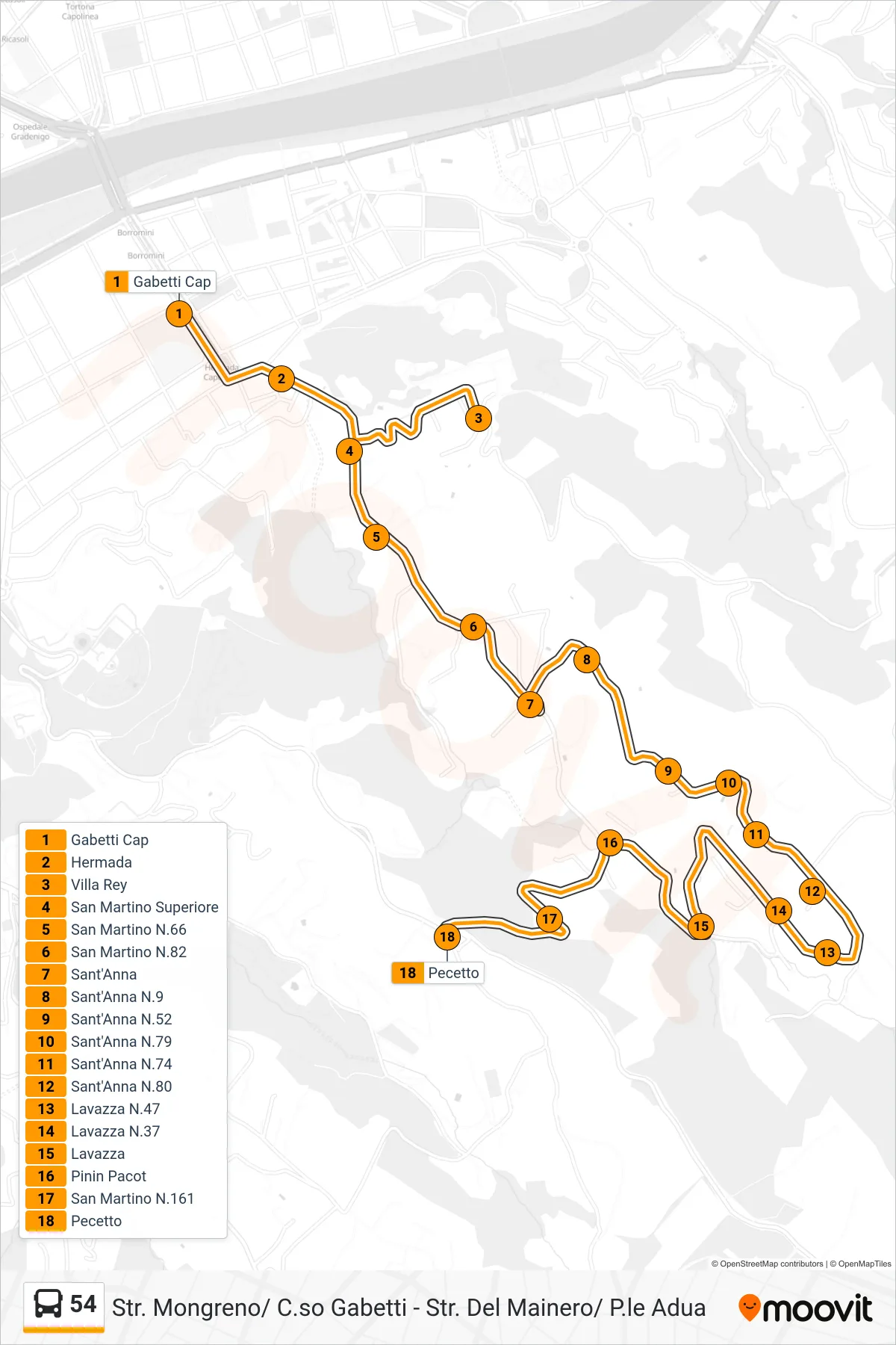 Linea 54 bus (Limitato Strada Pecetto) - Percorsi e fermate sulla mappa