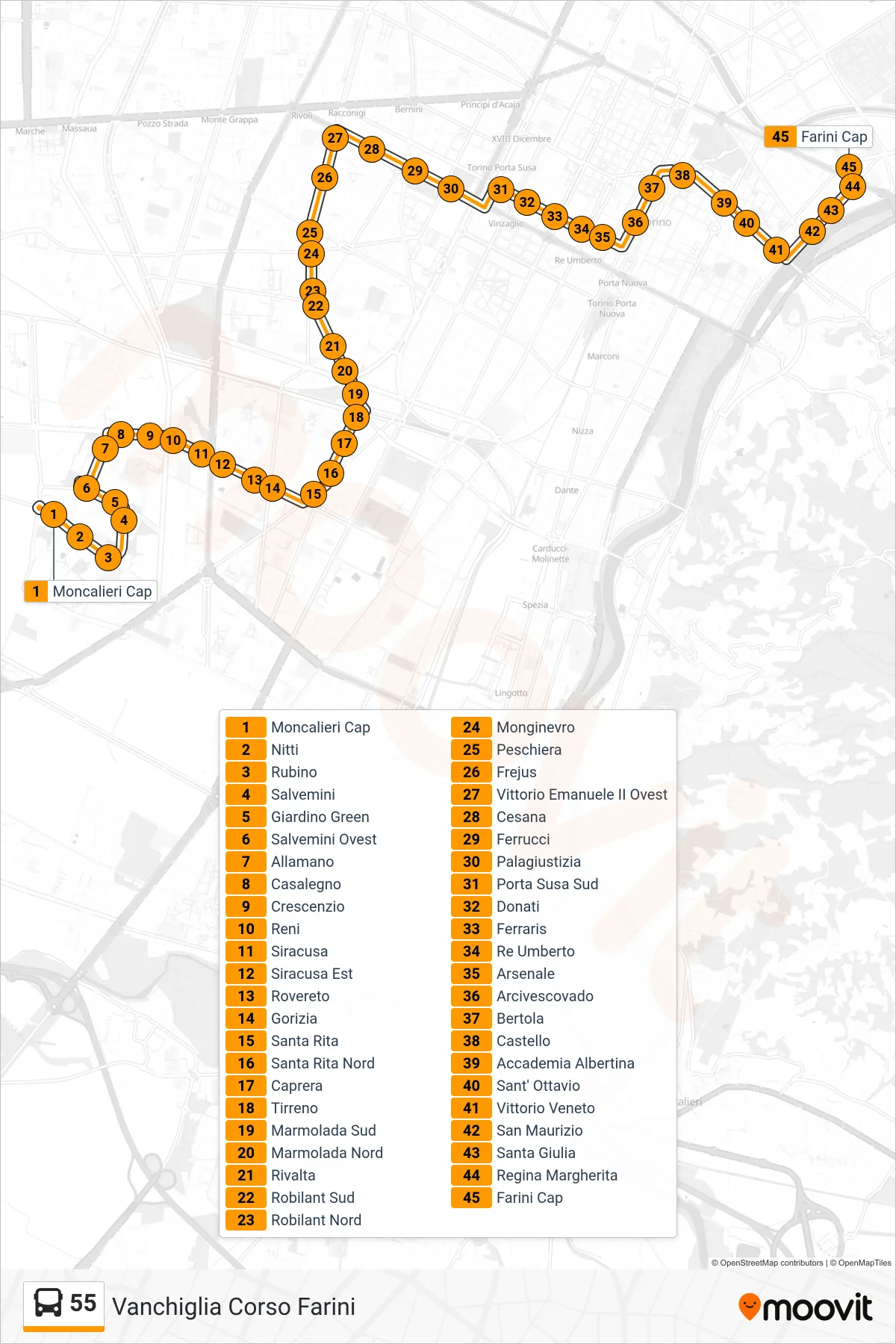 Linea 55  bus (Vanchiglia Corso Farini) - Percorsi e fermate sulla mappa