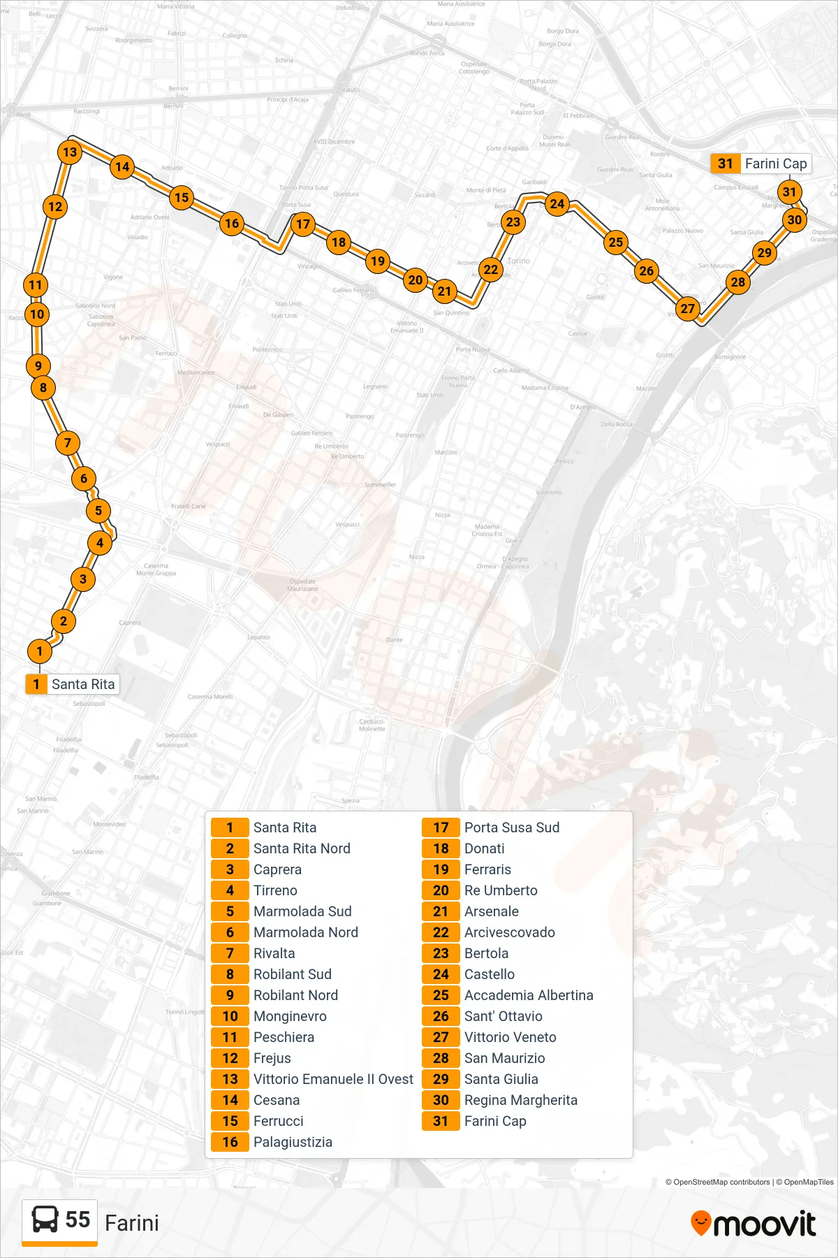 Linea 55  bus (Farini) - Percorsi e fermate sulla mappa