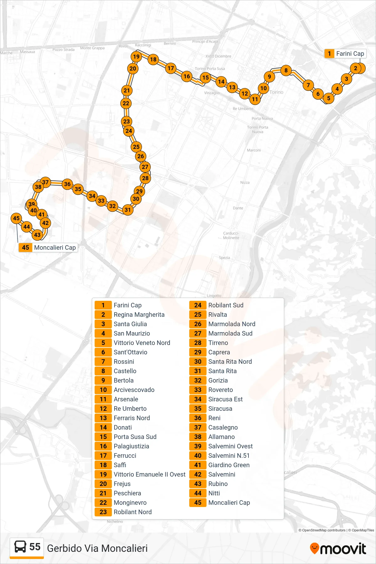 Linea 55 bus (Gerbido Via Moncalieri) - Percorsi e fermate sulla mappa