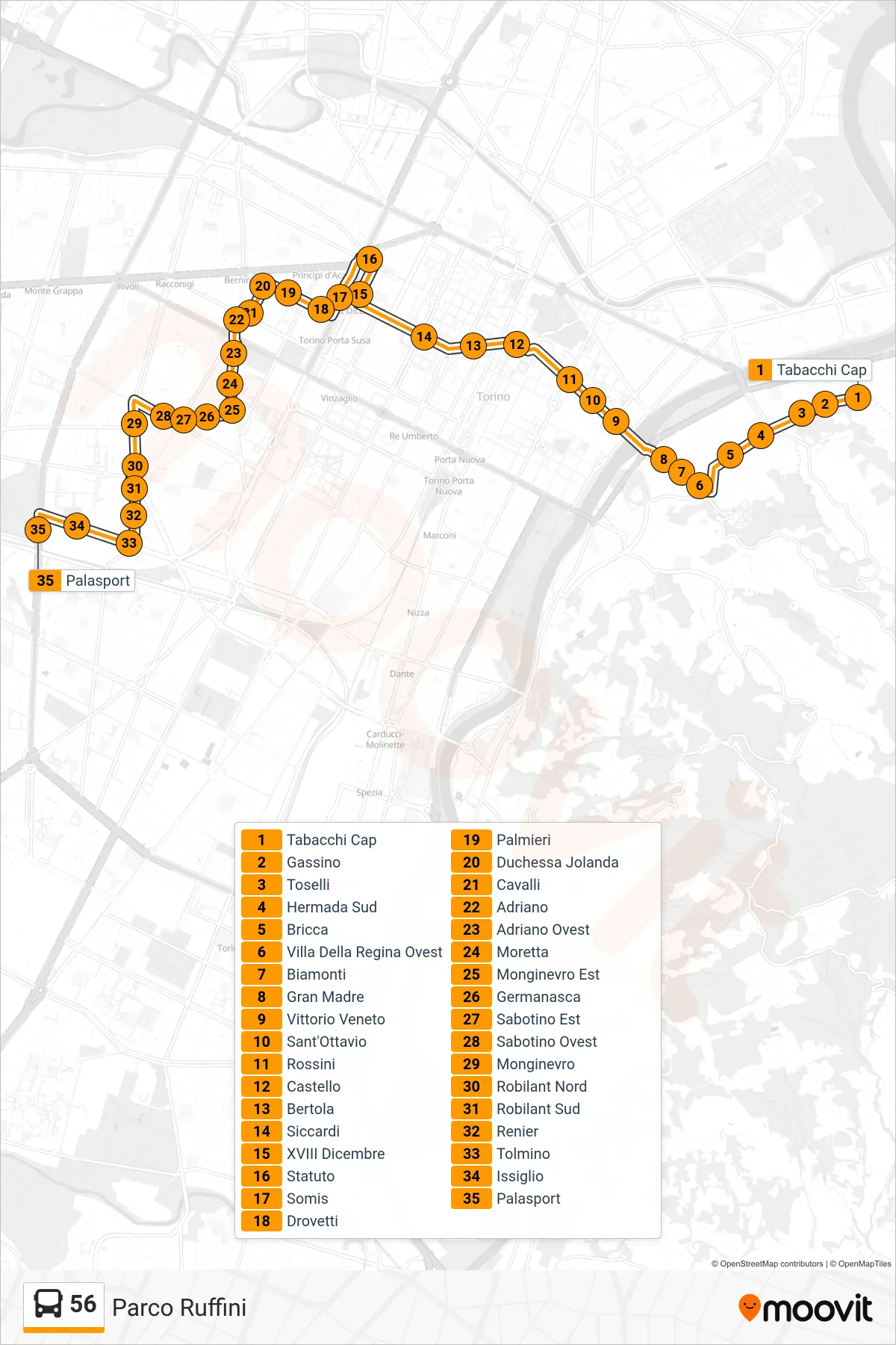Linea 56 bus (Parco Ruffini) - Percorsi e fermate sulla mappa