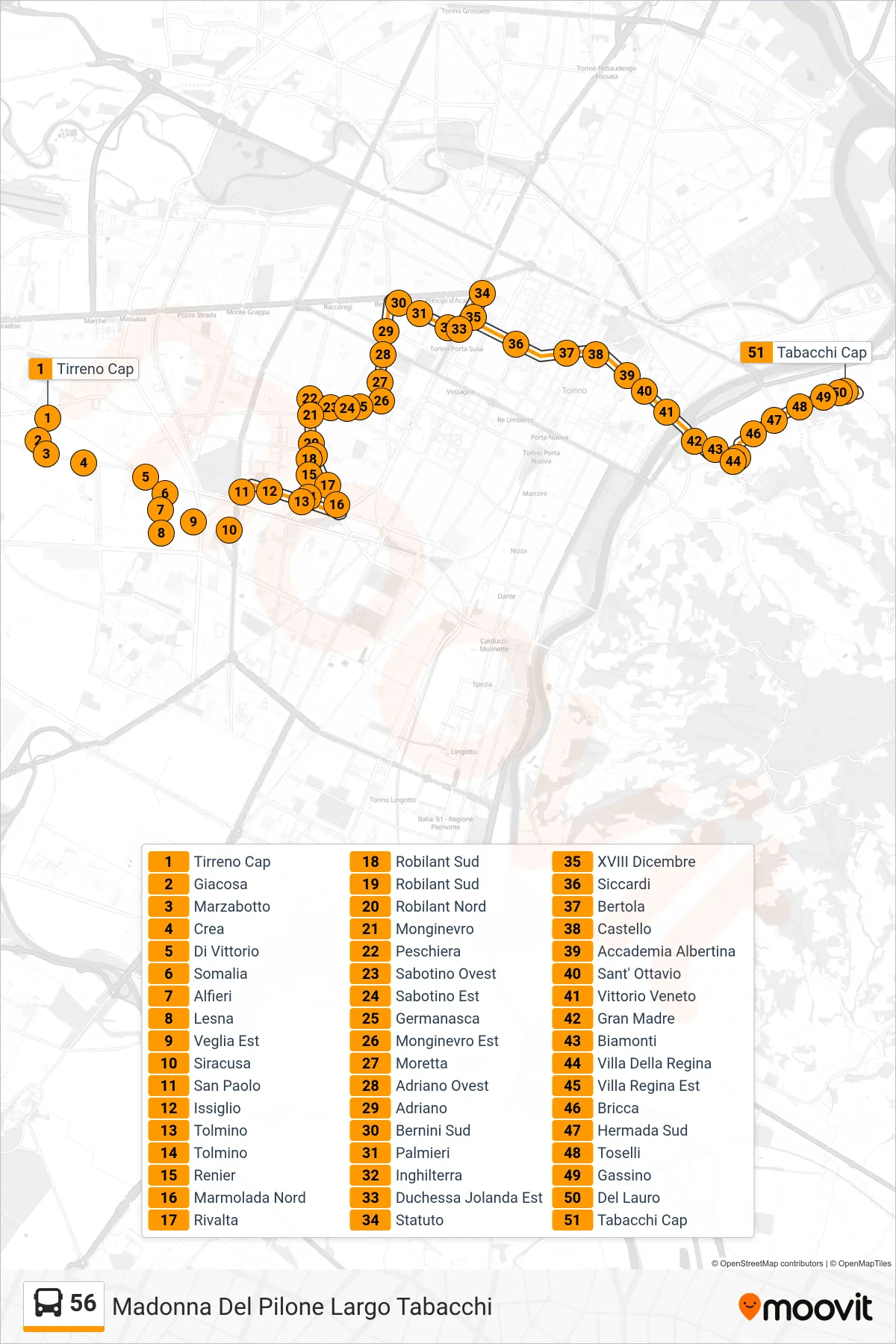 Linea 56 bus (Madonna Del Pilone Largo Tabacchi) - Percorsi e fermate sulla mappa