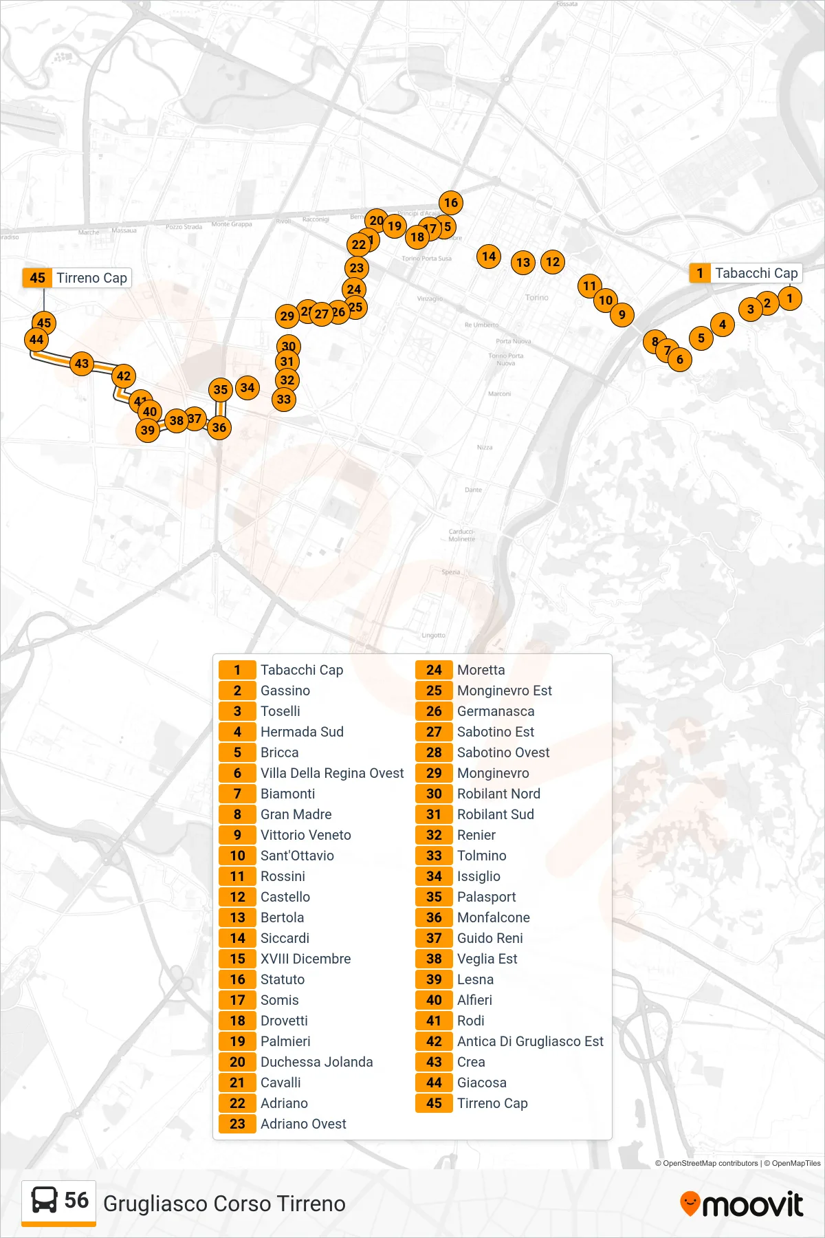 Linea 56 bus (Grugliasco Corso Tirreno) - Percorsi e fermate sulla mappa