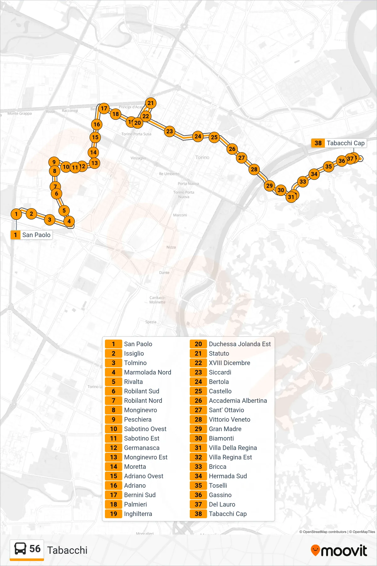 Linea 56  bus (Tabacchi) - Percorsi e fermate sulla mappa