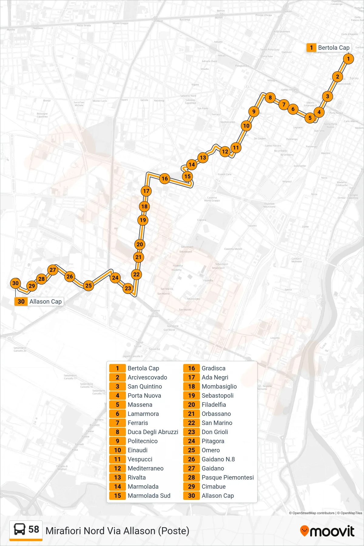Linea 58  bus (Mirafiori Nord Via Allason (Poste)) - Percorsi e fermate sulla mappa