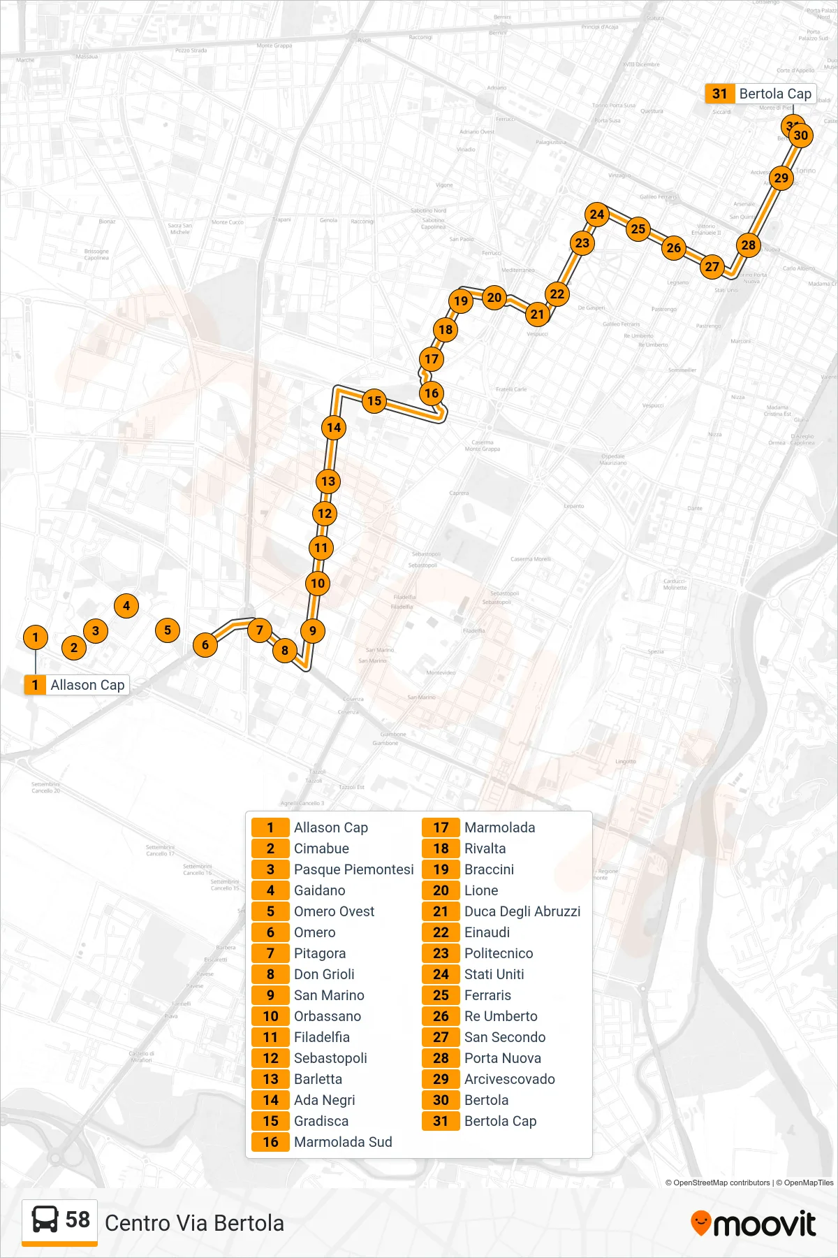 Linea 58  bus (Centro Via Bertola) - Percorsi e fermate sulla mappa