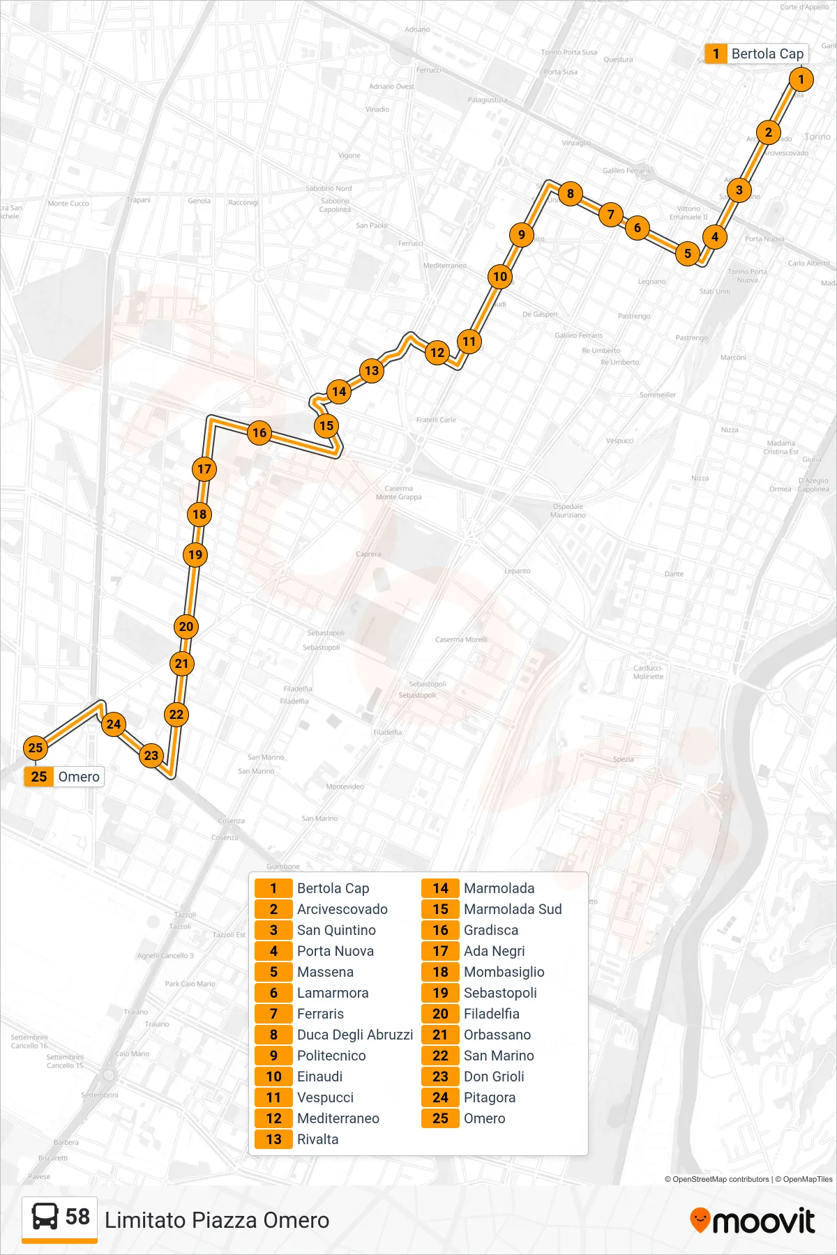 Linea 58  bus (Limitato Piazza Omero) - Percorsi e fermate sulla mappa