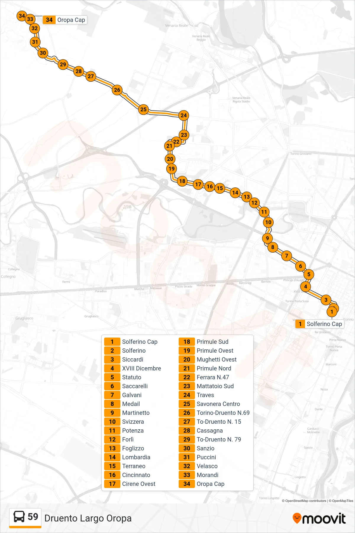 Linea 59  bus (Druento Largo Oropa) - Percorsi e fermate sulla mappa
