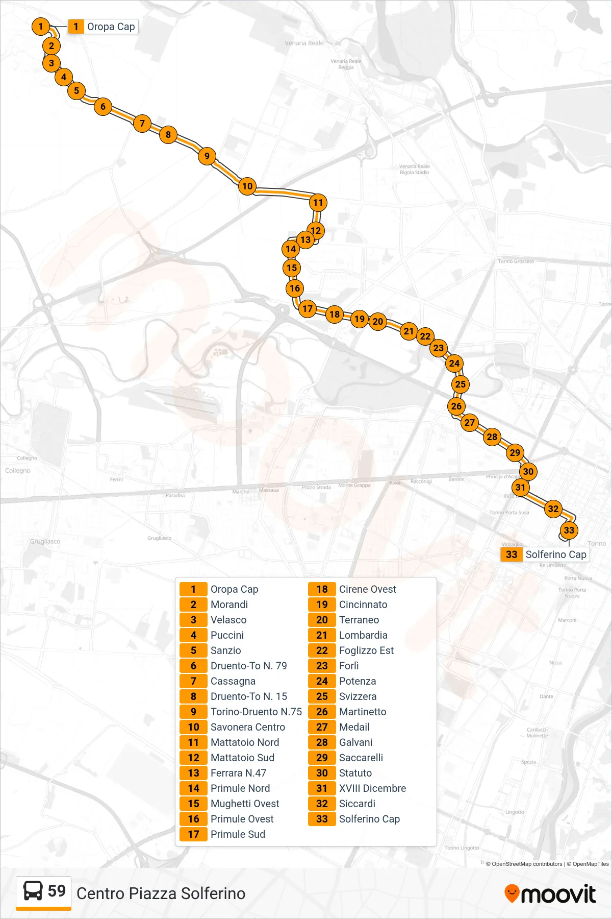 Linea 59 bus (Centro Piazza Solferino) - Percorsi e fermate sulla mappa