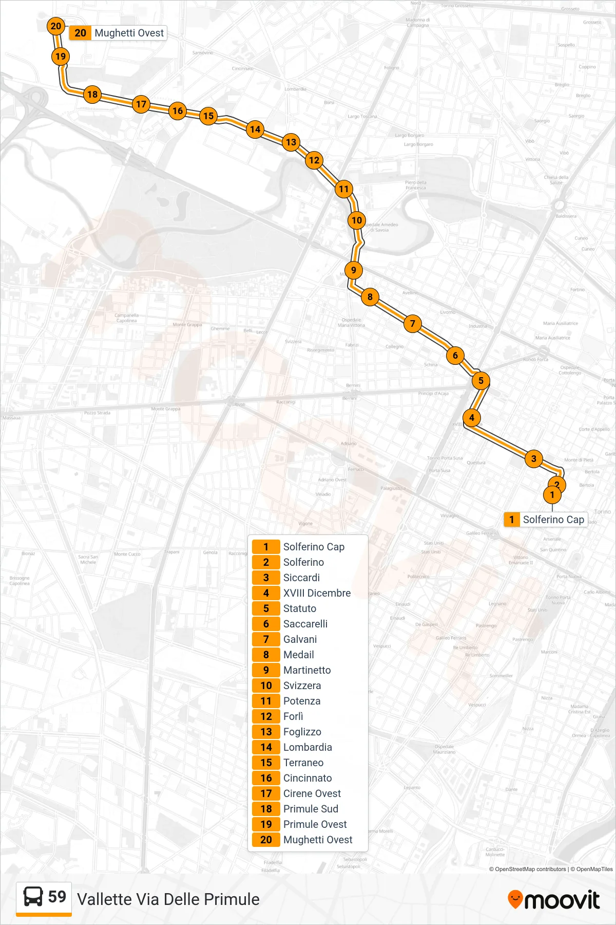 Linea 59 bus (Vallette Via Delle Primule) - Percorsi e fermate sulla mappa