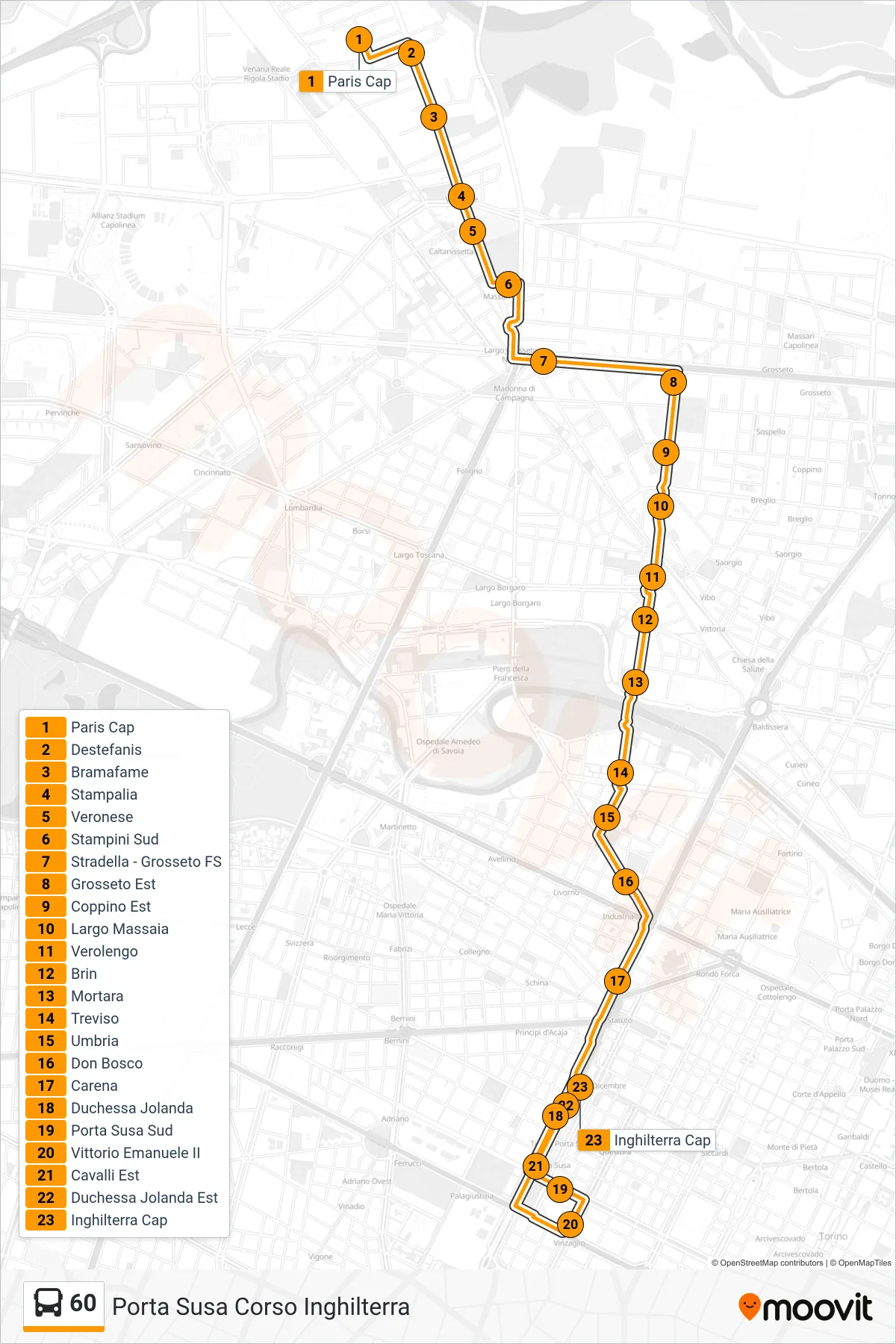 Linea 60  bus (Porta Susa Corso Inghilterra) - Percorsi e fermate sulla mappa