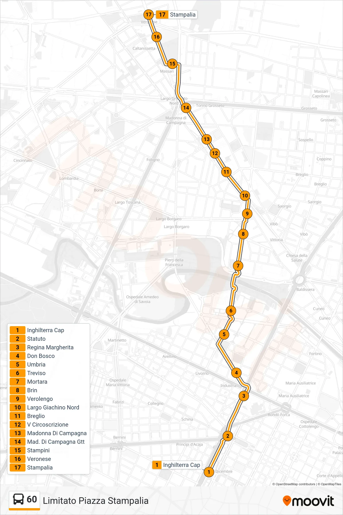 60 bus Line (Limited Stampalia Square) route and stops on a map