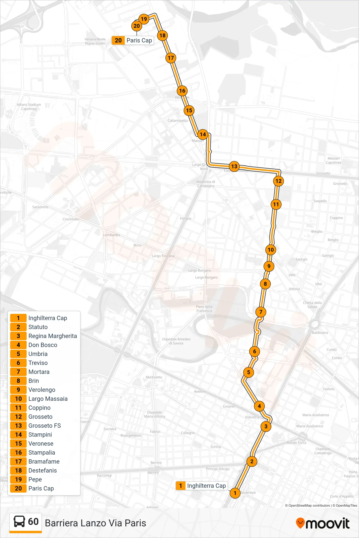 Linea 60 bus (Barriera Lanzo Via Paris) - Percorsi e fermate sulla mappa