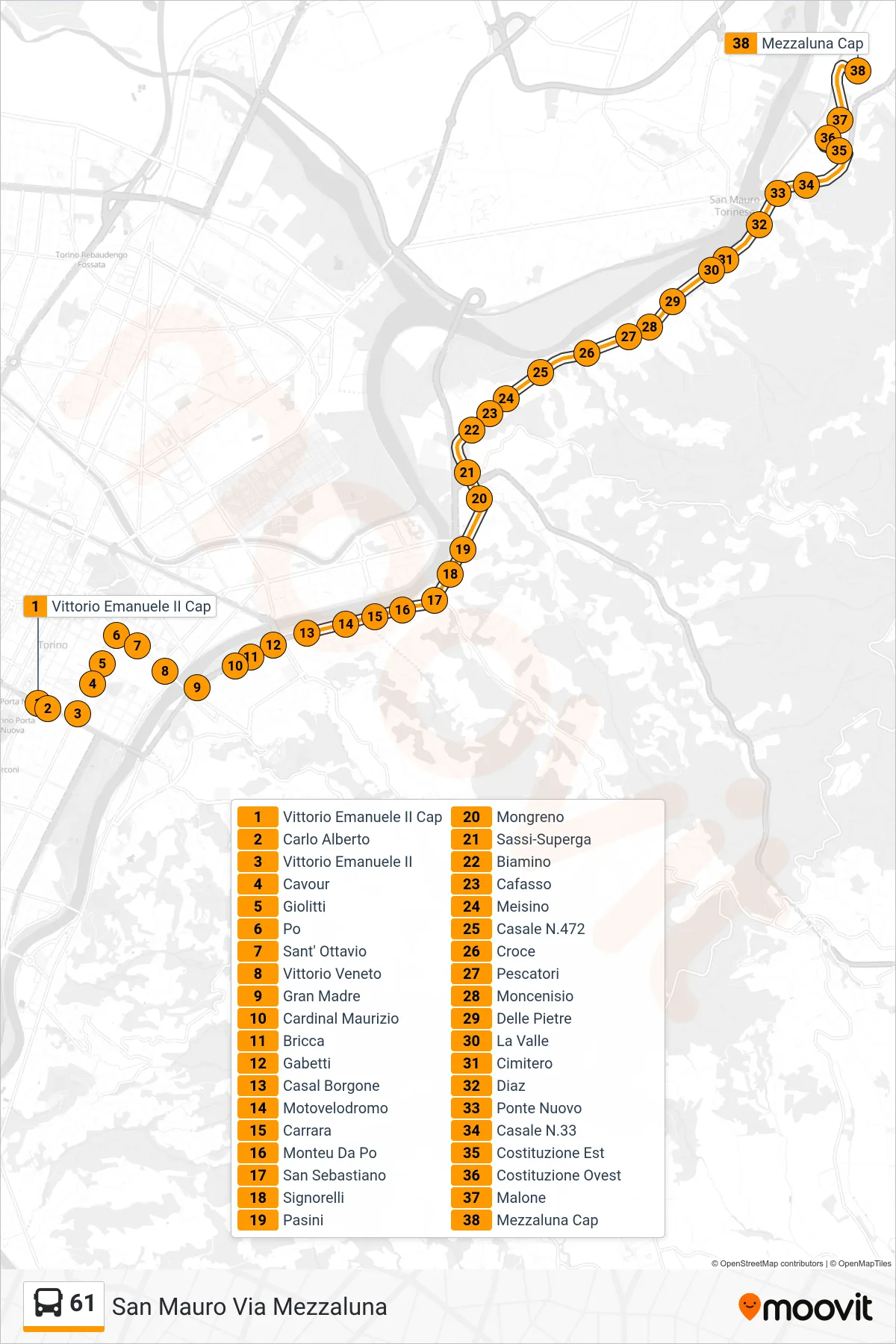Linea 61  bus (San Mauro Via Mezzaluna) - Percorsi e fermate sulla mappa