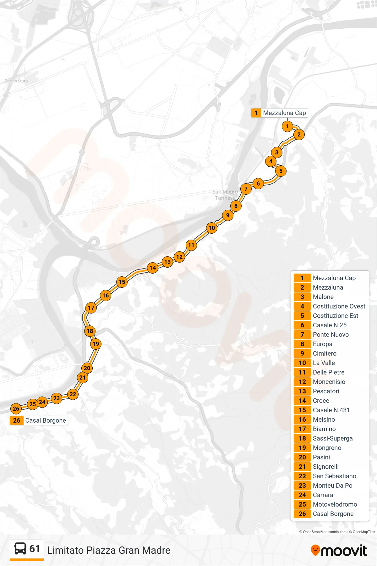 61 bus Line (Limited to Piazza Gran Madre) route and stops on a map