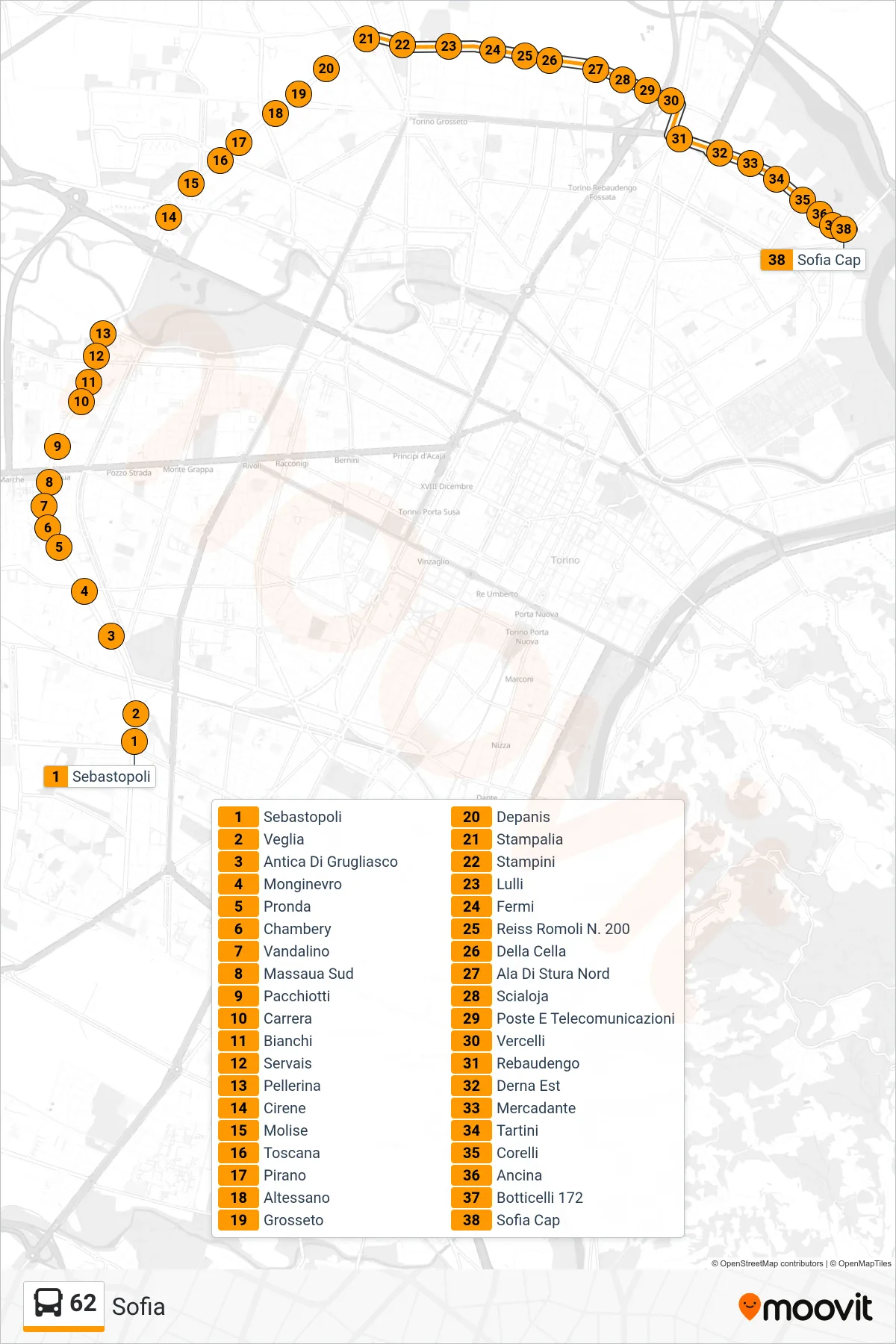 62 bus Line (Sofia) route and stops on a map