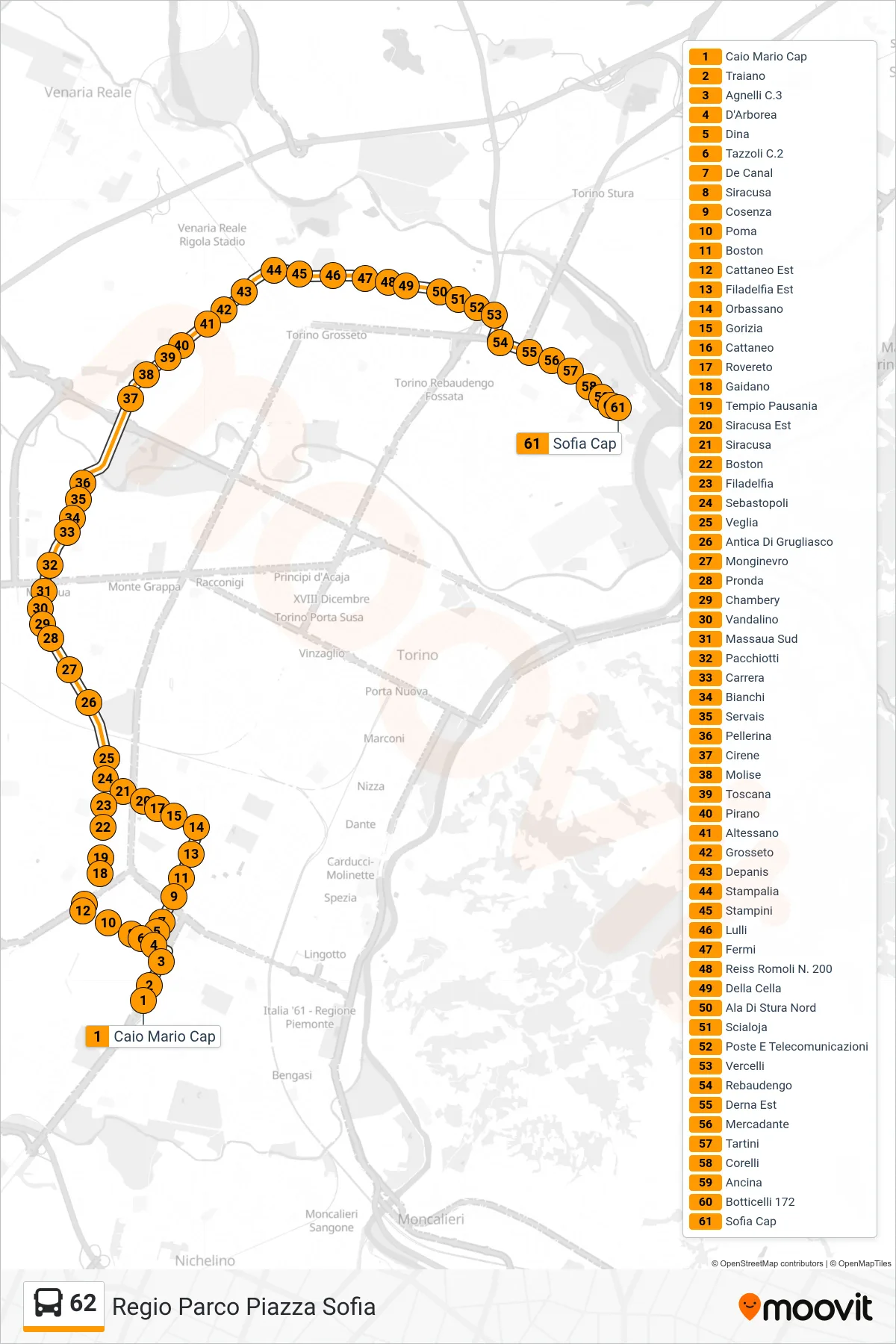 Linea 62 bus (Regio Parco Piazza Sofia) - Percorsi e fermate sulla mappa